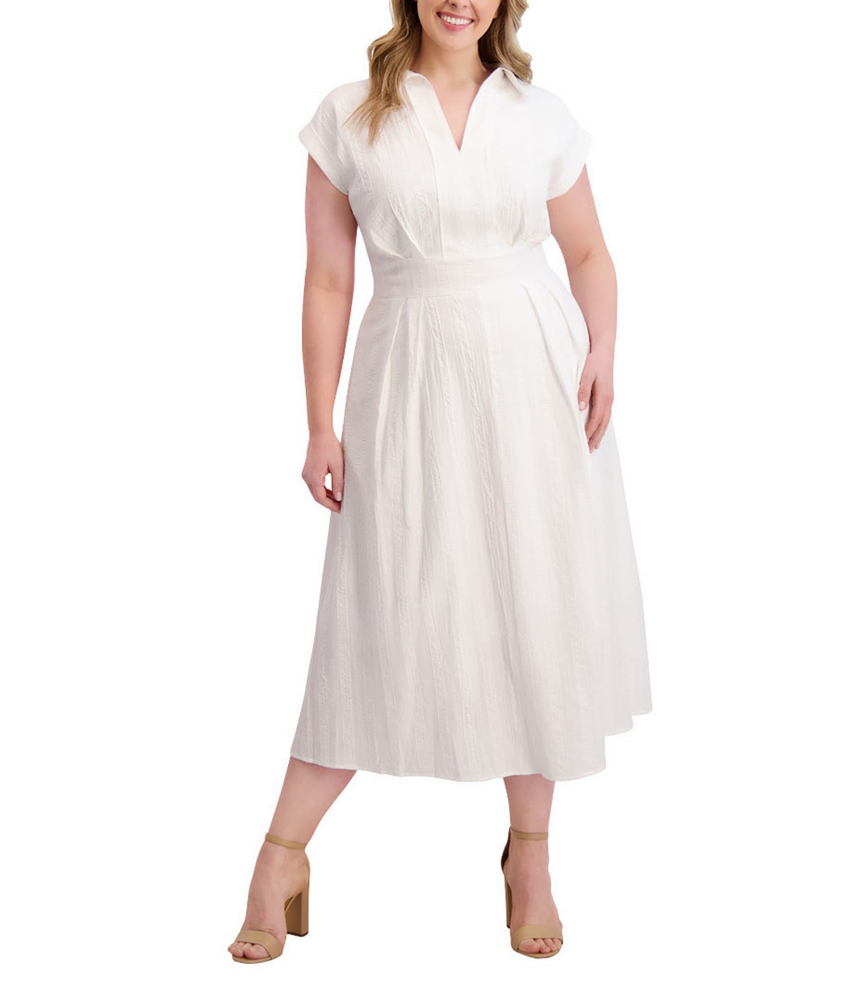 Kensie Plus Size Striped Woven Collared V-Neckline Short Sleeve A-Line Midi Dress