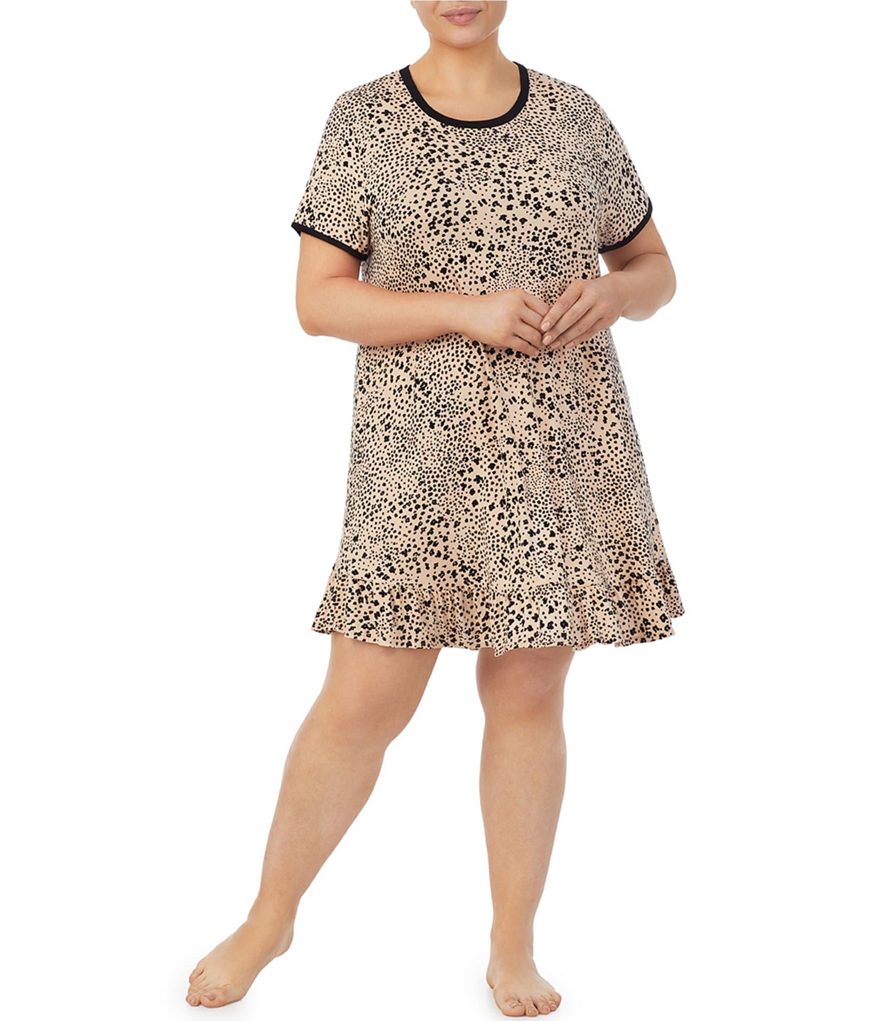 Kensie Plus Size Animal Print Knit Elastic Waist Dot Mesh Ruffle  Coordinating Capri Sleep Pants