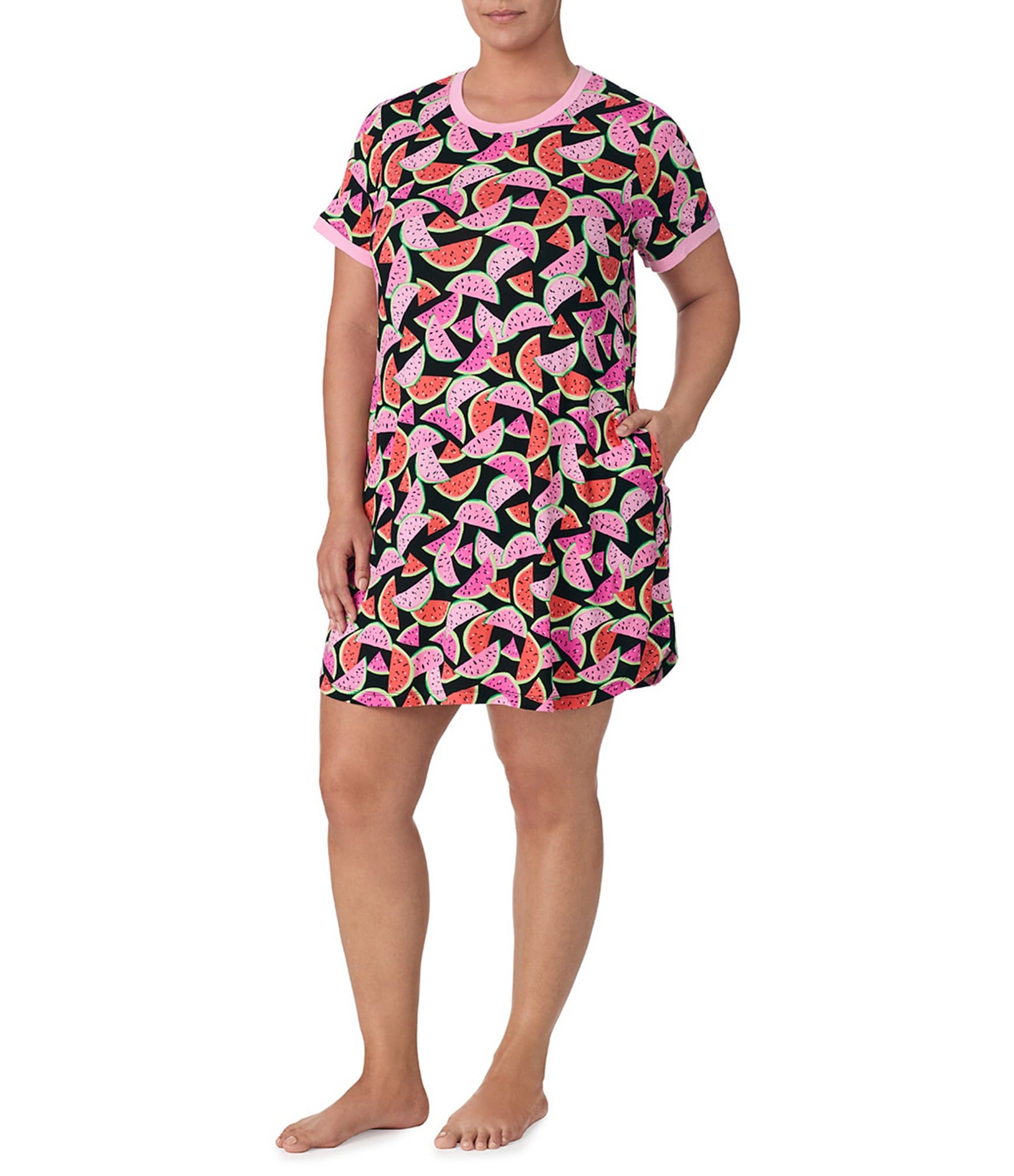 Kensie Plus Size Watermelon Print Short Sleeve Cozy Knit Nightgown