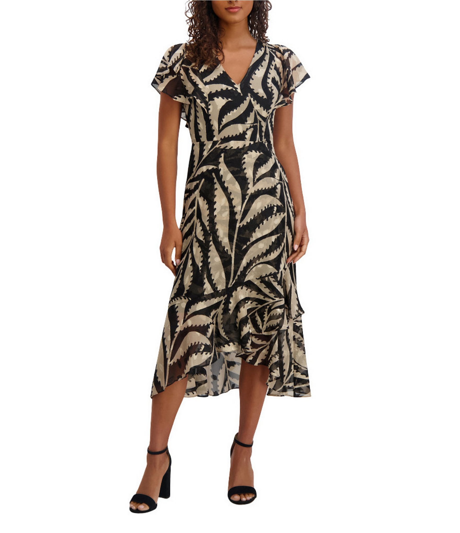 Kensie Printed Burnout Chiffon V-Neck Short Flutter Sleeves Ruffle A-Line Midi Dress