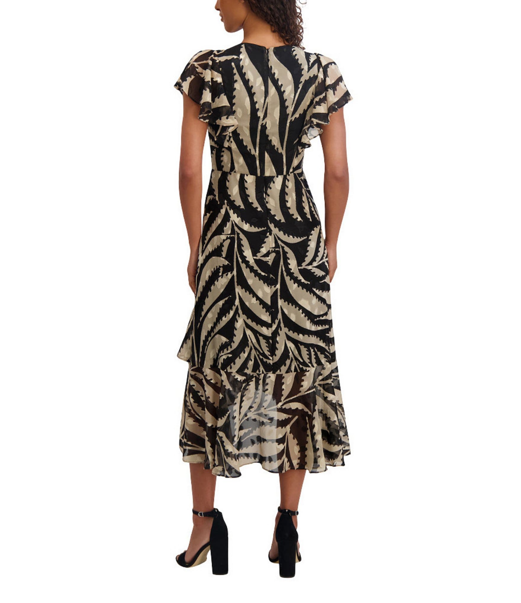 Kensie Printed Burnout Chiffon V-Neck Short Flutter Sleeves Ruffle A-Line Midi Dress