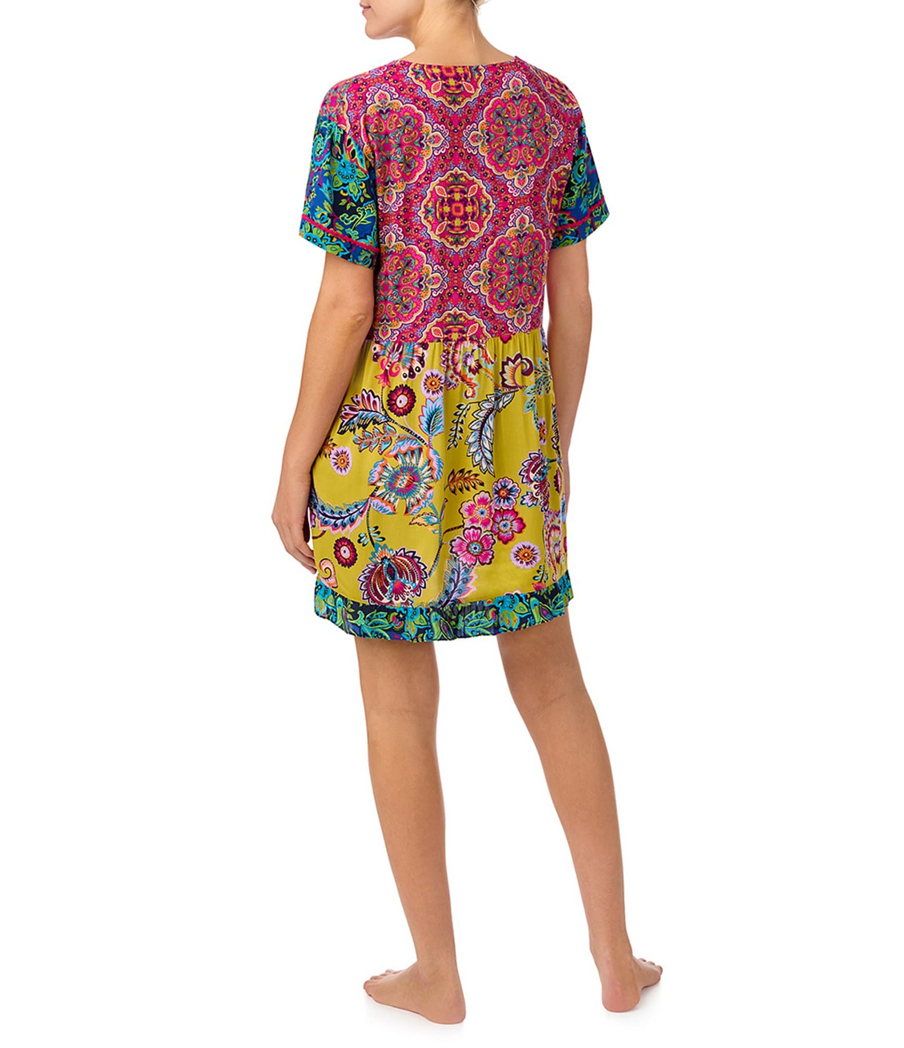 Kensie Short Sleeve V-Neck Woven Floral Medallion Print Nightshirt