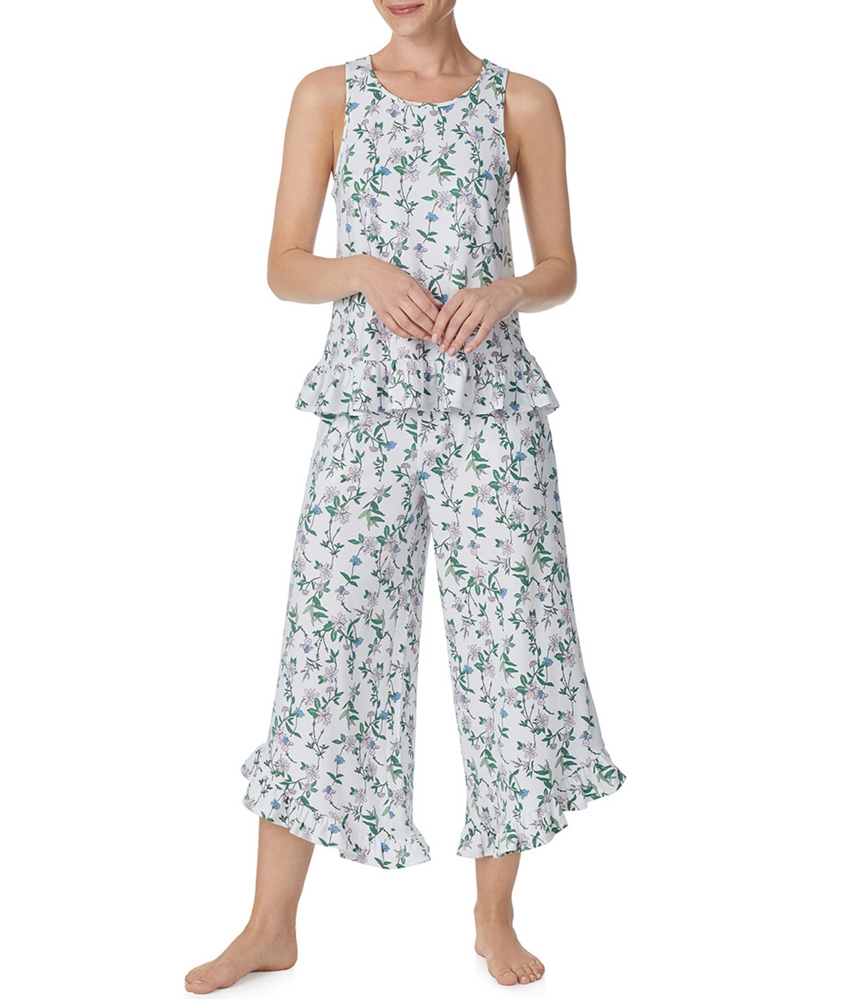 Kensie Sleeveless Ruffled Tank & Cropped Pant Floral Knit Pajama