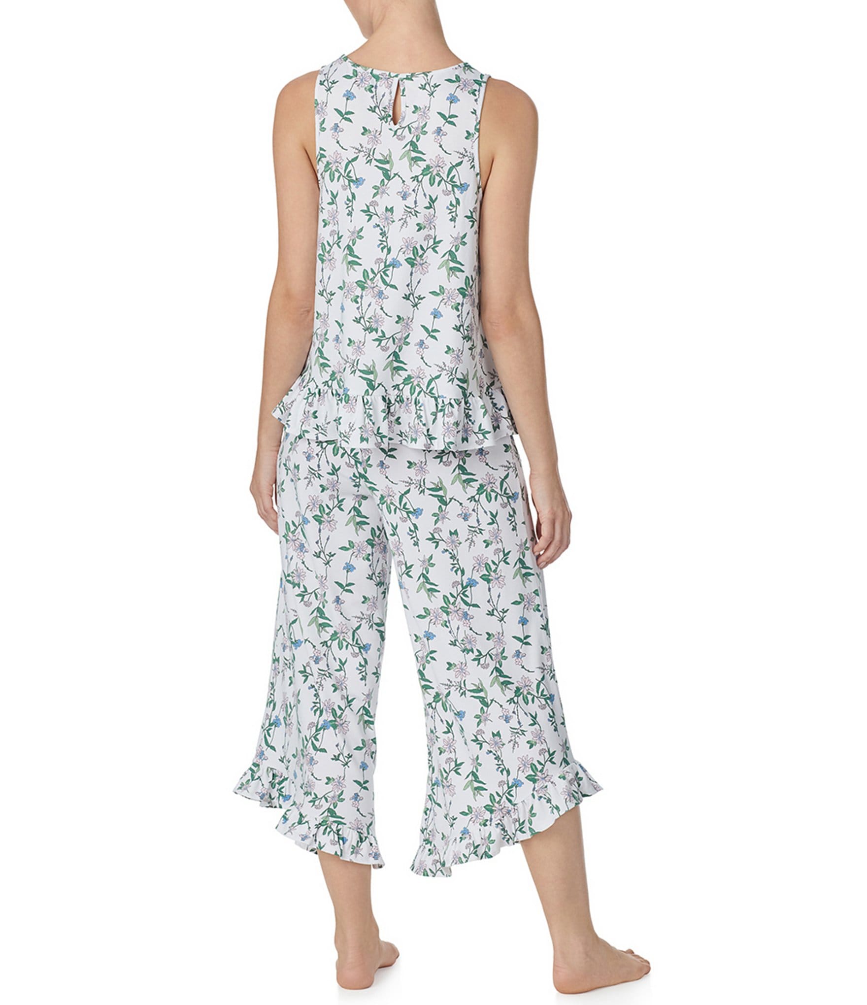 Kensie Sleeveless Ruffled Tank & Cropped Pant Floral Knit Pajama Set