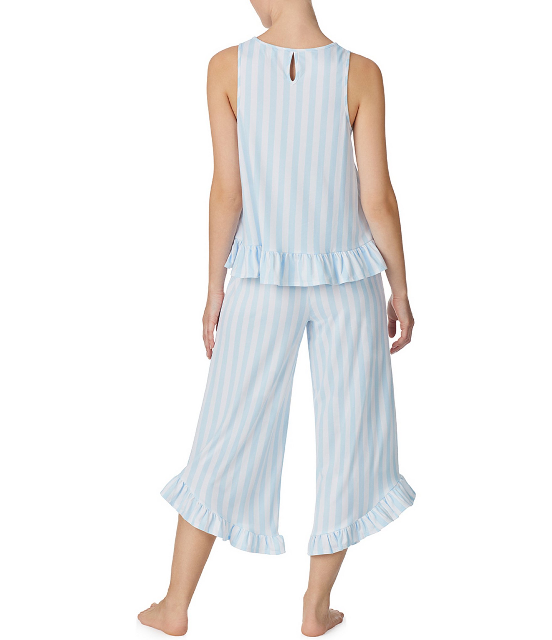 Kensie Striped Sleeveless Ruffled Tank & Cropped Pant Knit Pajama Set