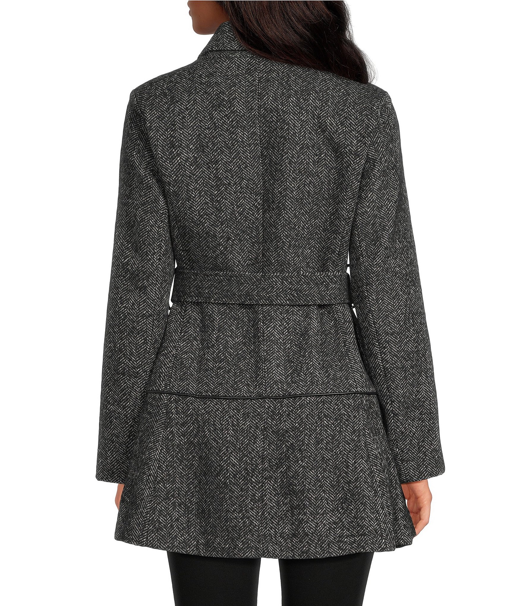 Kensie Texture Wool Notch Collar Belted Skirted Hem Trench Coat