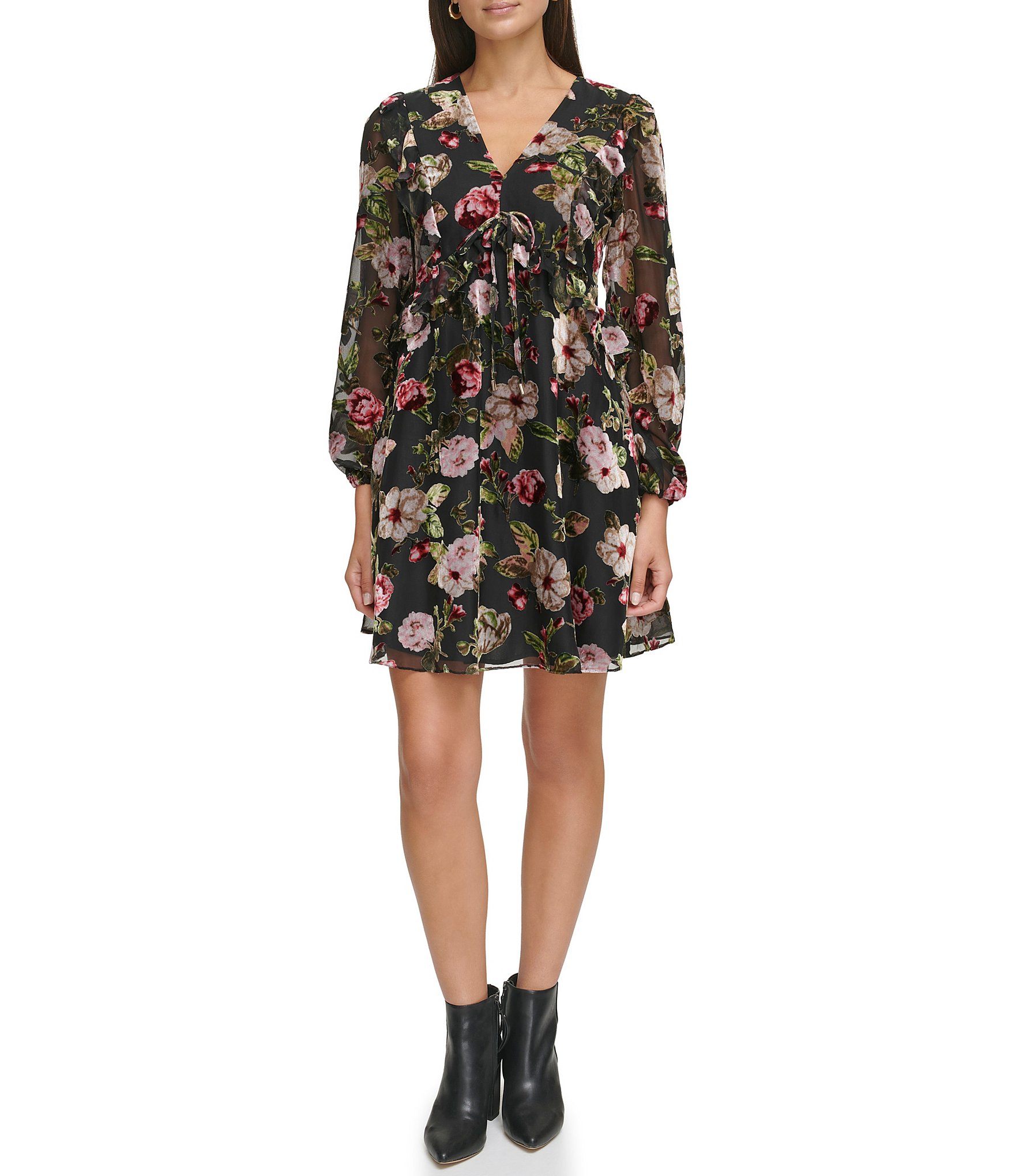 Kensie V-Neck Long Sleeve Velvet Burnout Dress | Dillard's