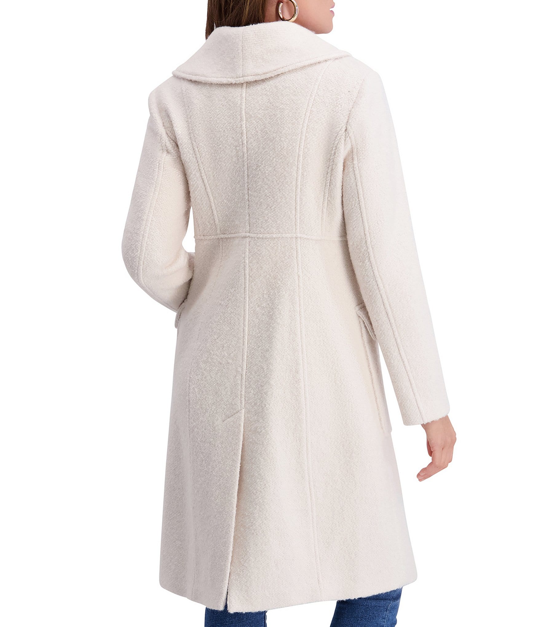 Kensie Wool Blend Shawl Collar Patch Pocket Boucle Double Breasted Coat