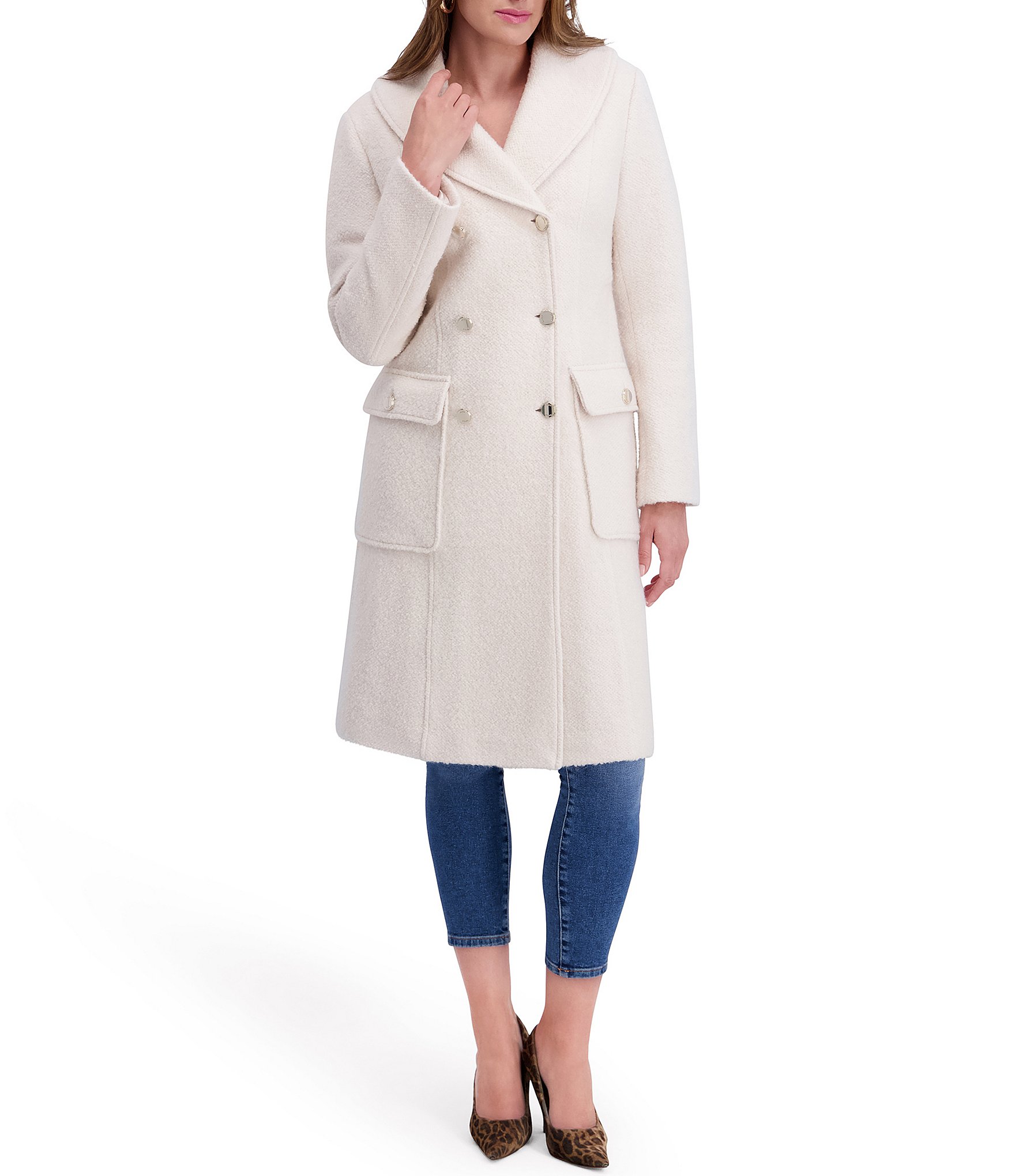 Kensie Wool Blend Shawl Collar Patch Pocket Boucle Double Breasted Coat
