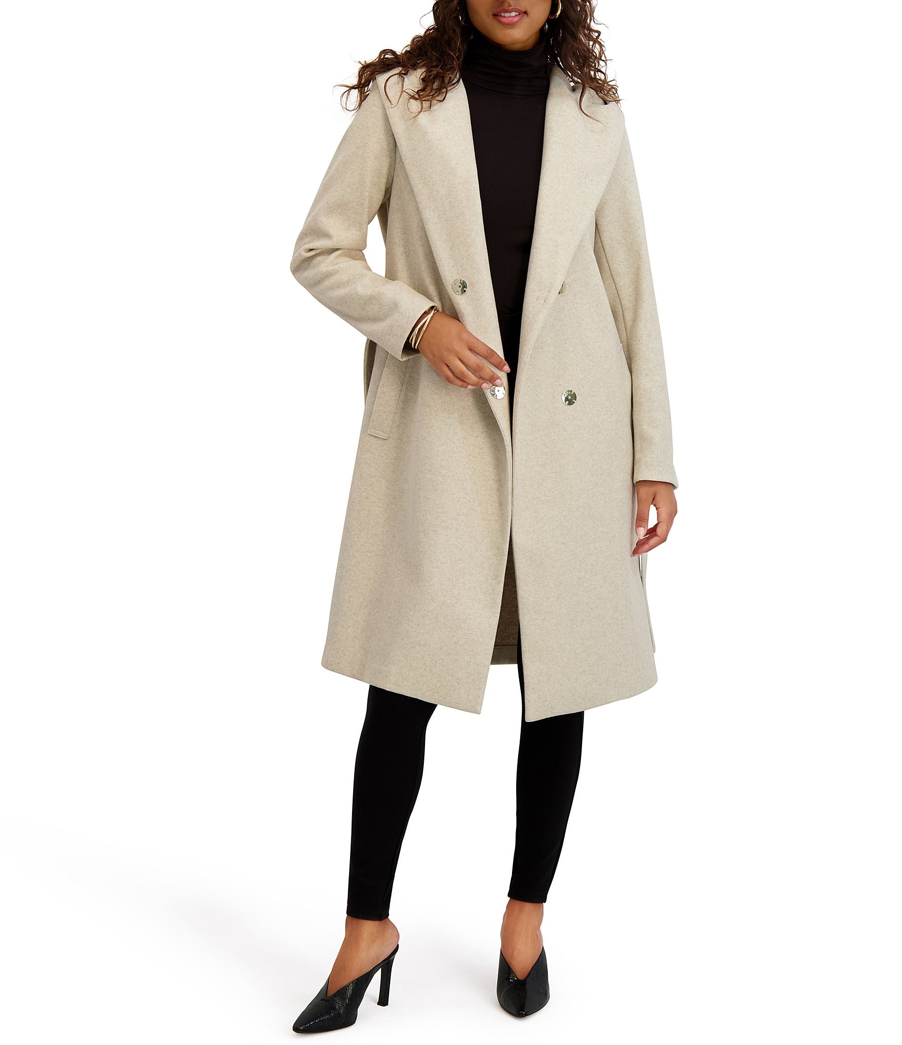 Kensie Wool Blend Soft Hooded Shawl Collar Belted Wrap Coat