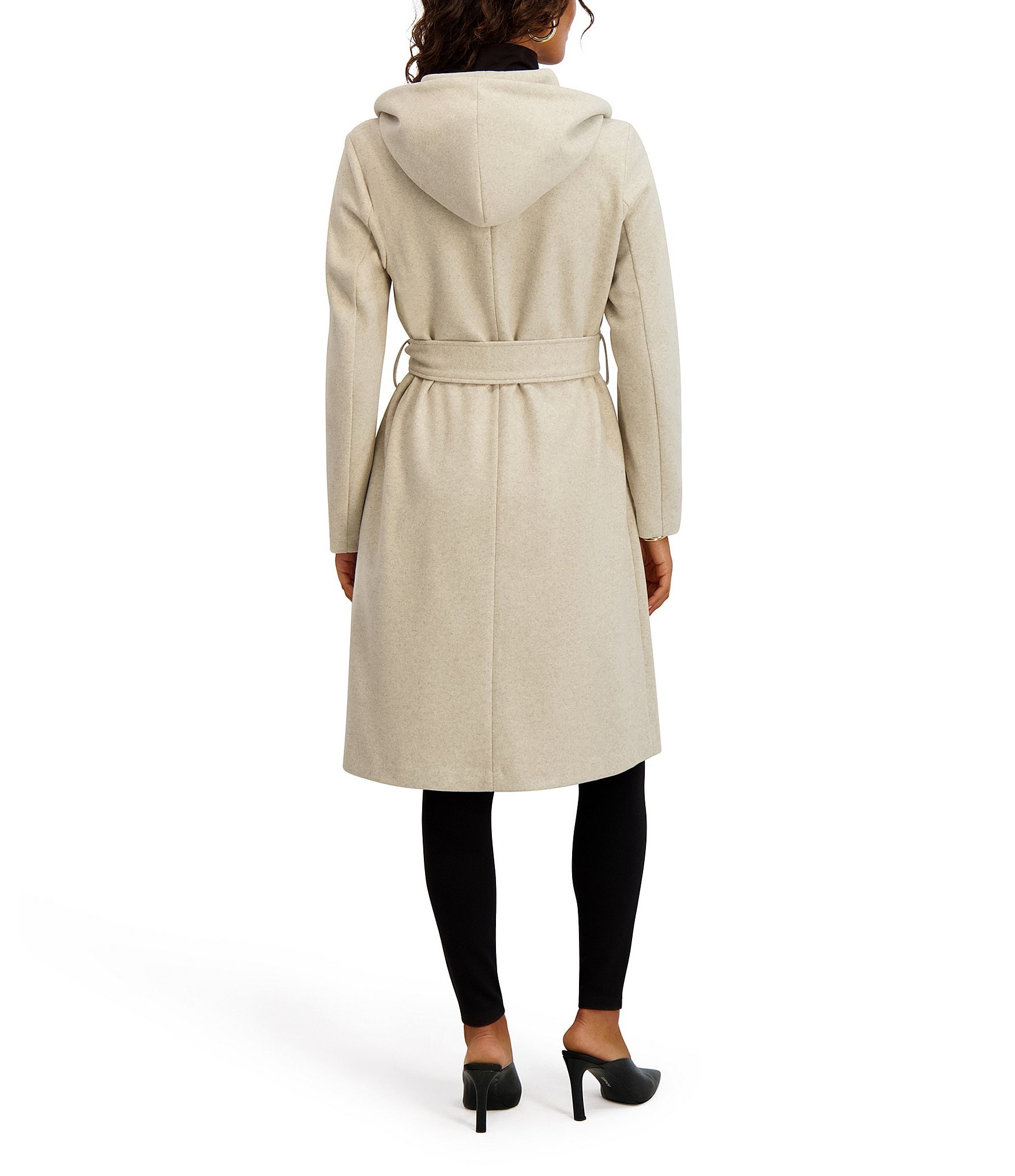 Kensie Wool Blend Soft Hooded Shawl Collar Belted Wrap Coat