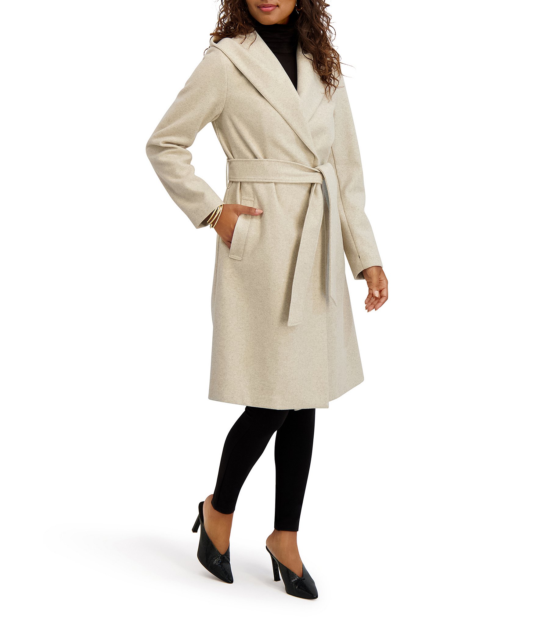 Kensie Wool Blend Soft Hooded Shawl Collar Belted Wrap Coat