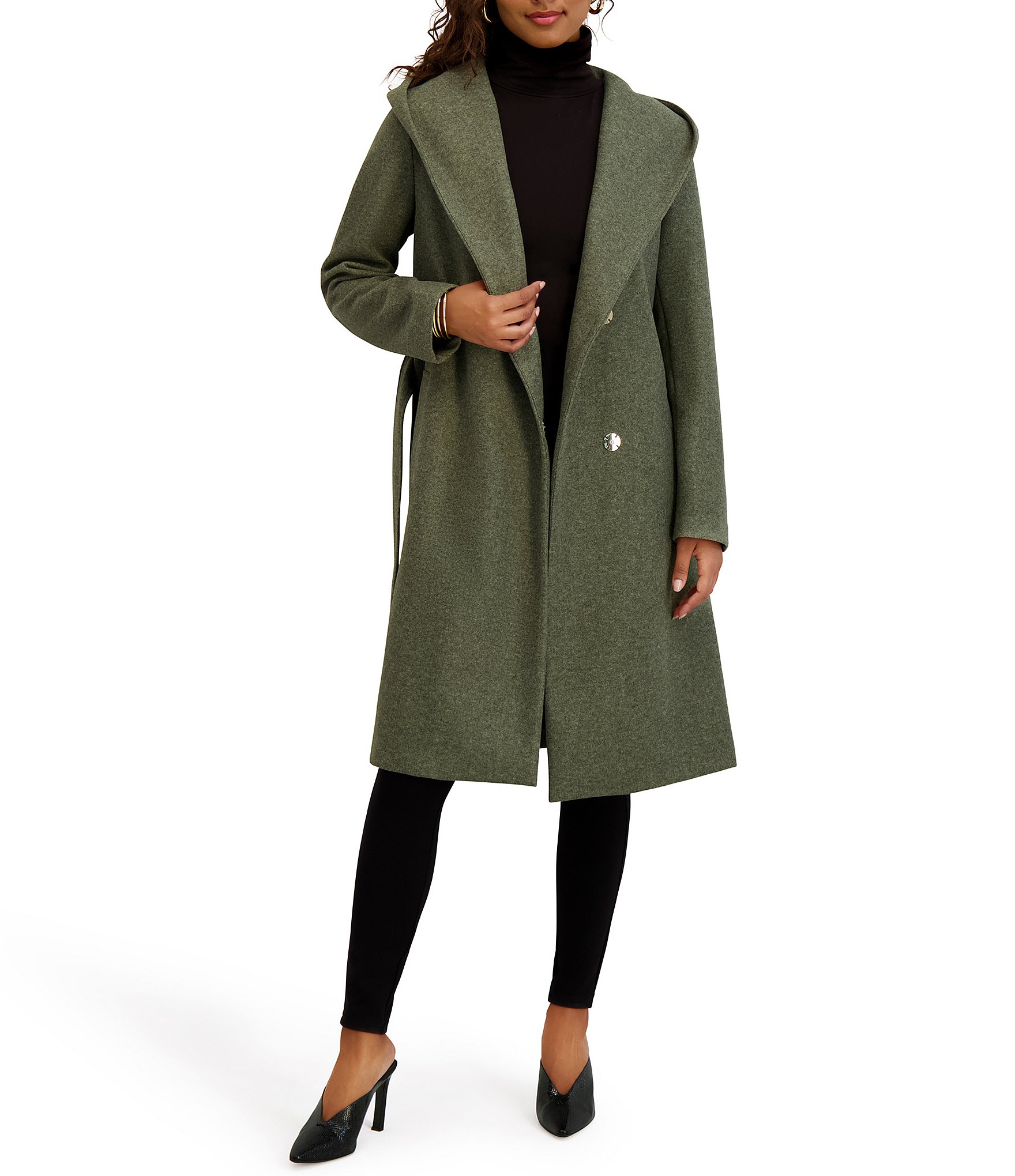 Kensie Wool Blend Soft Hooded Shawl Collar Belted Wrap Coat