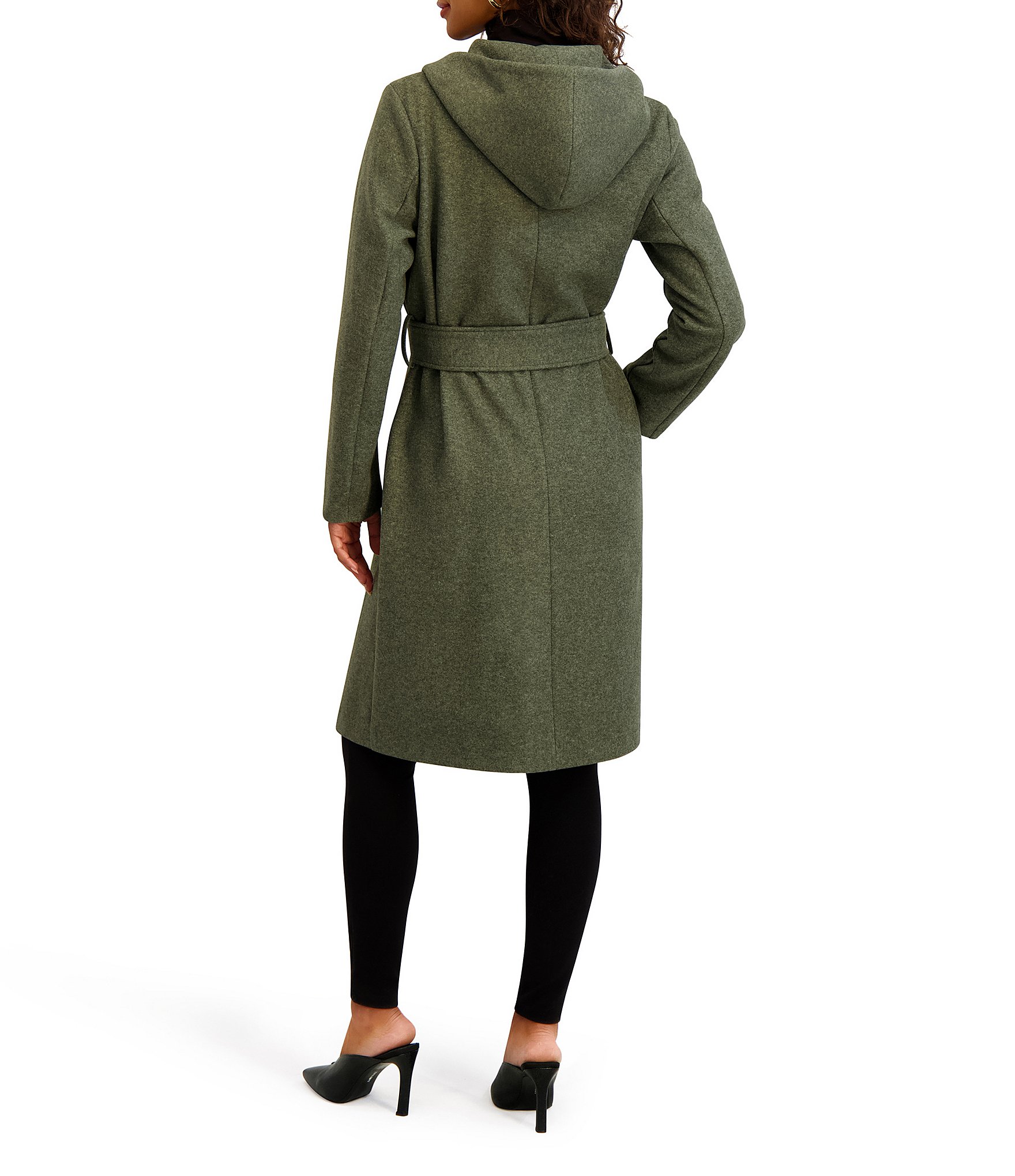 Kensie Wool Blend Soft Hooded Shawl Collar Belted Wrap Coat