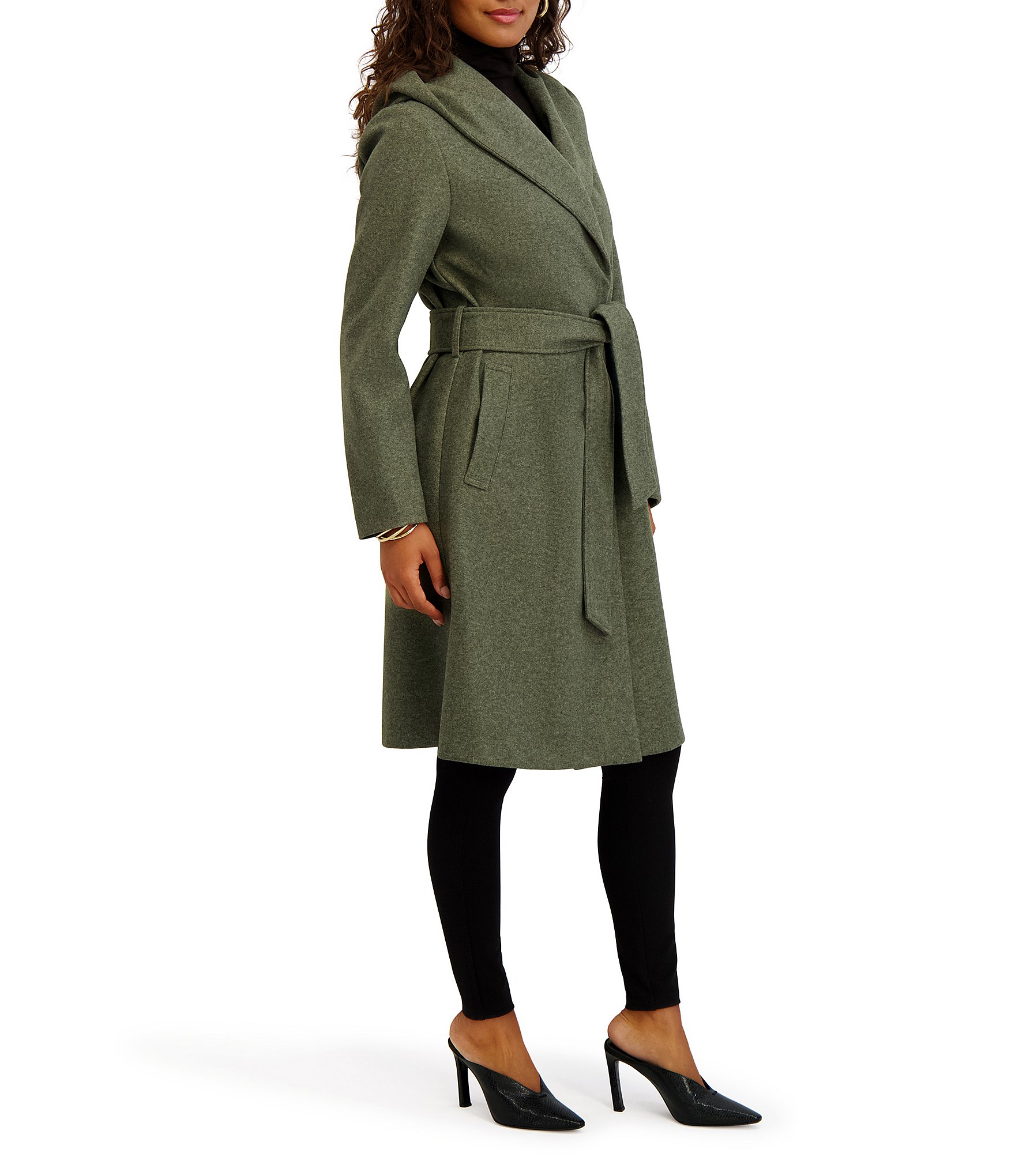 Kensie Wool Blend Soft Hooded Shawl Collar Belted Wrap Coat