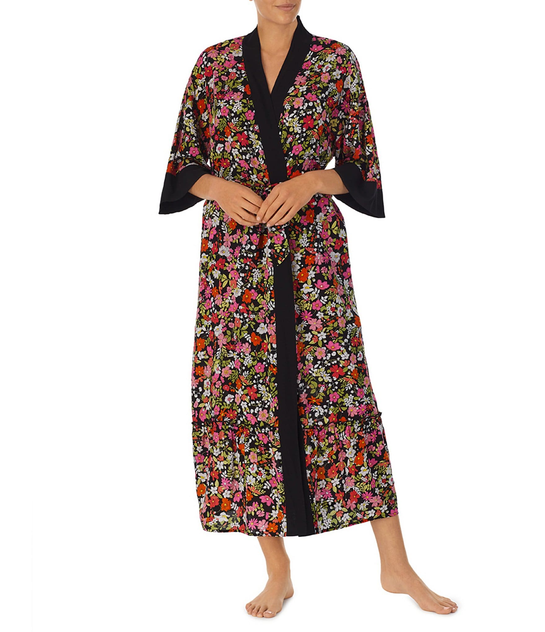Kensie Woven Floral Print 3/4 Sleeve Maxi Kimono Robe | Dillard's