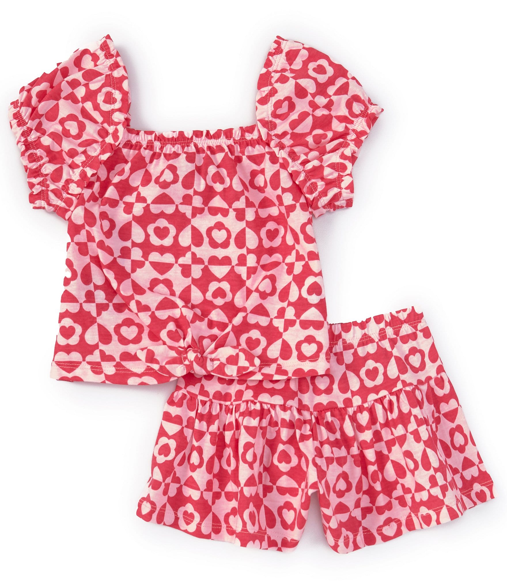 Kids Headquarters Little Girls 2T-6X Heart Print French Terry Ruffled Short Set