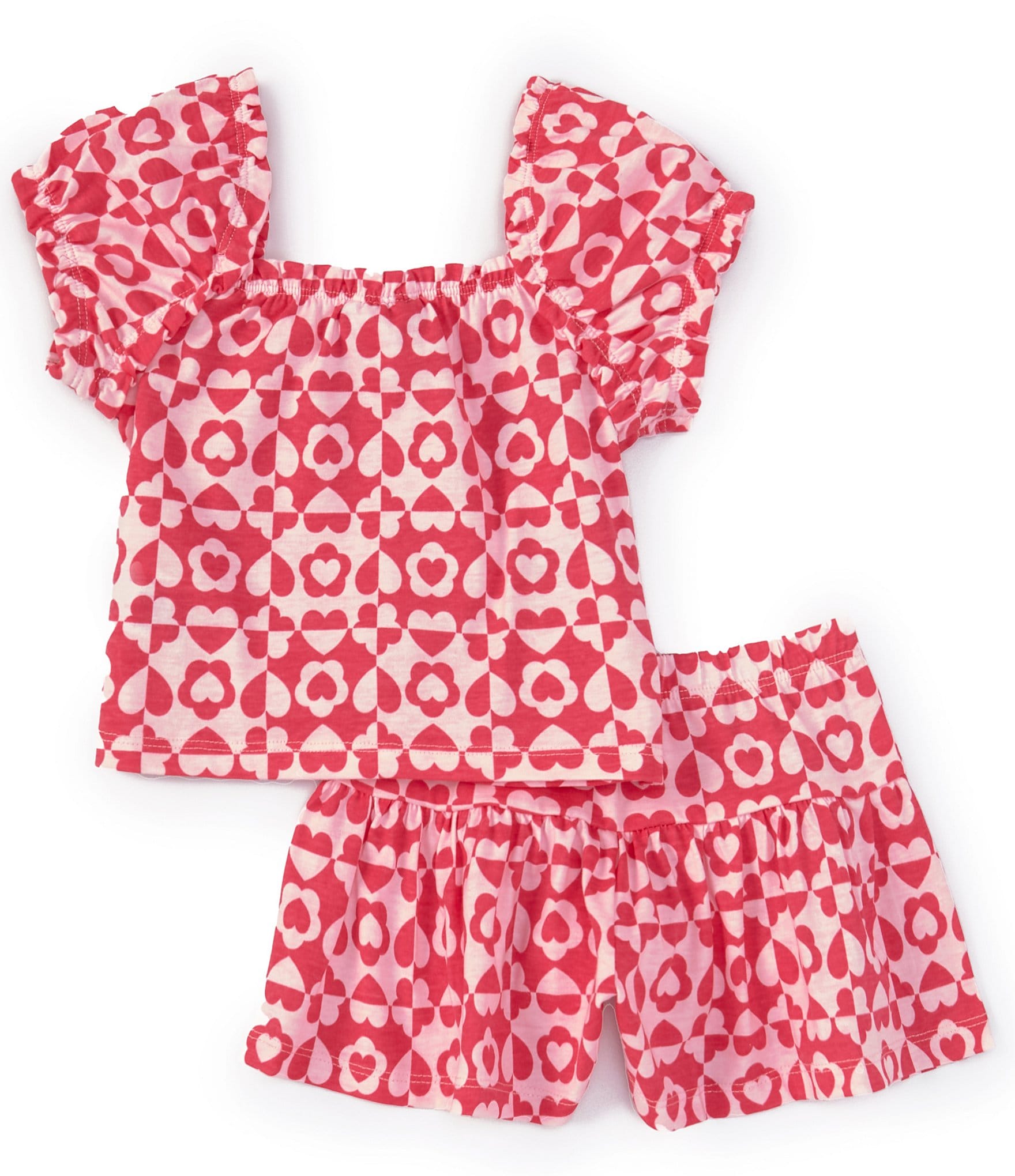 Kids Headquarters Little Girls 2T-6X Heart Print French Terry Ruffled Short Set