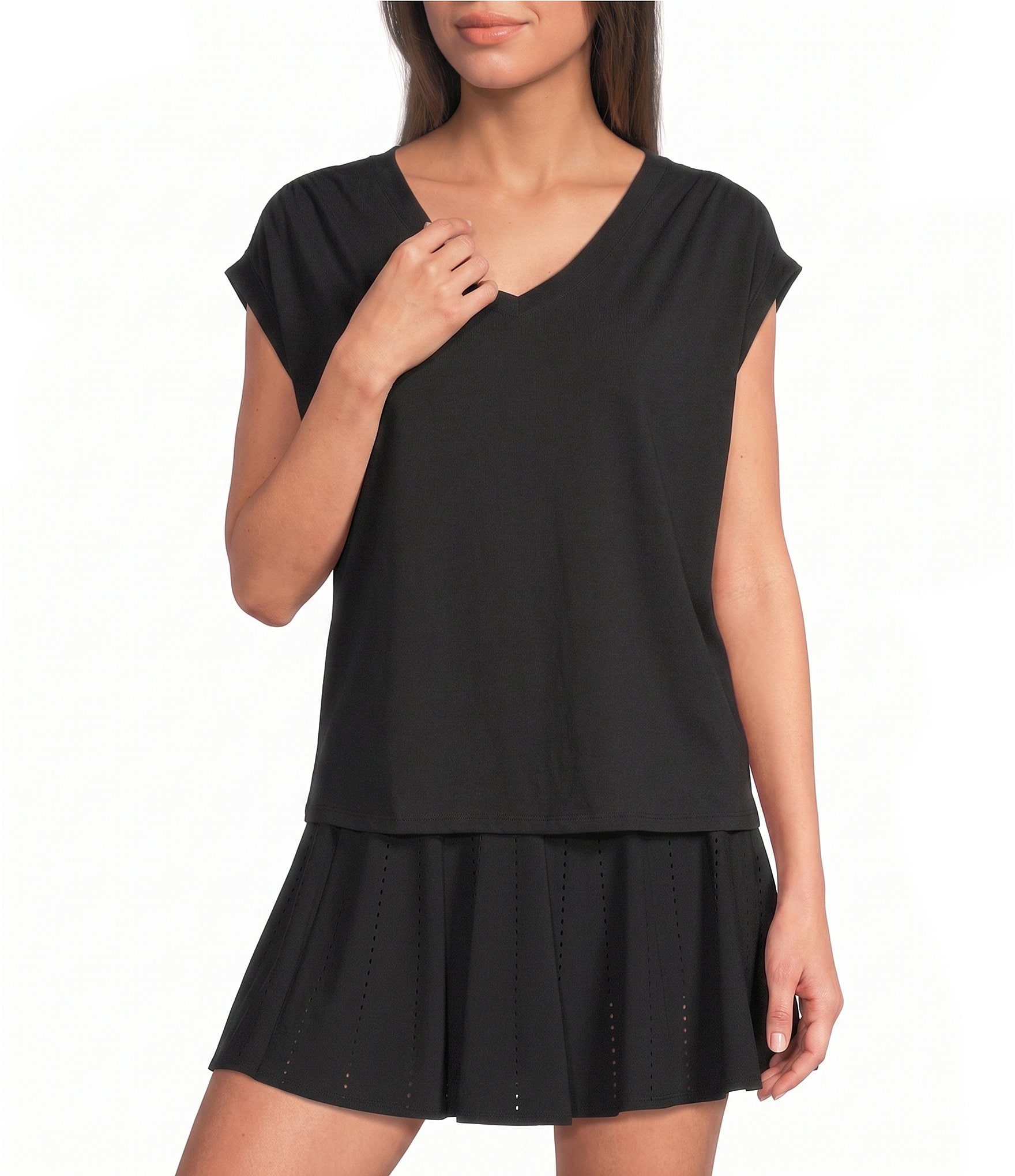 Kinesis V-Neck Short Sleeve Shirred Shoulder Top