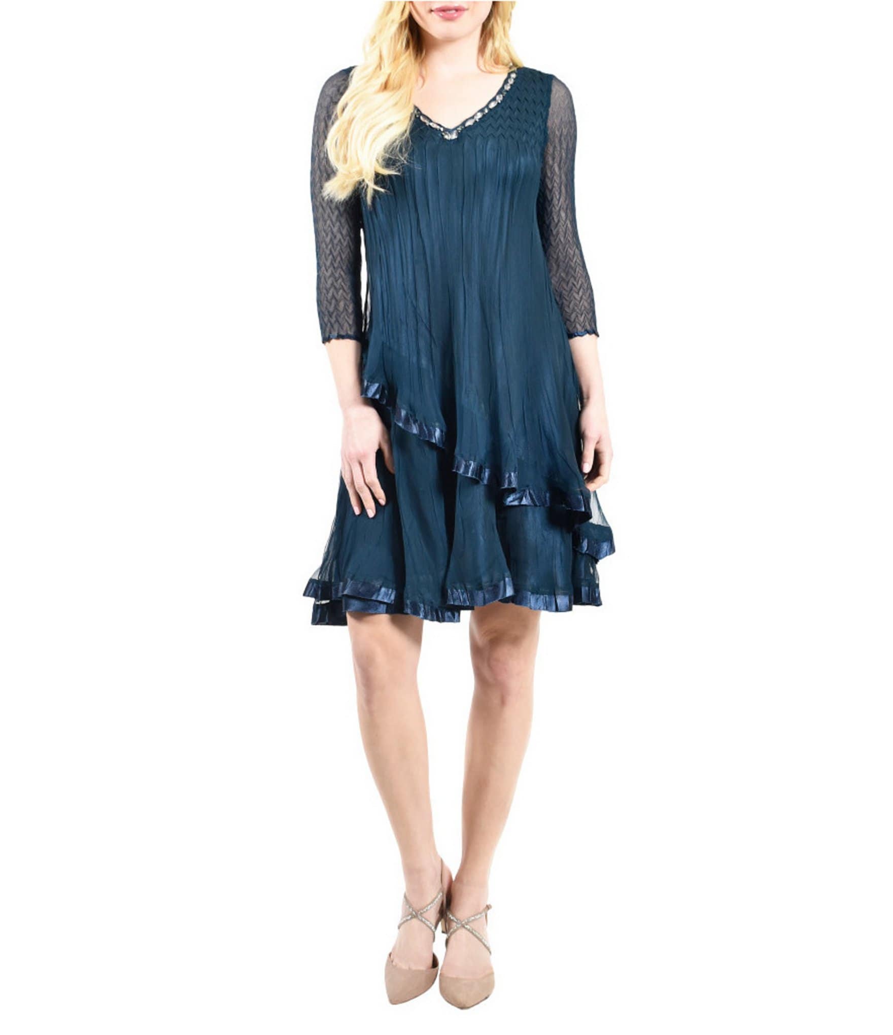 Komarov Beaded V-Neck 3/4 Sleeve Cascading Ruffle Chiffon Dress