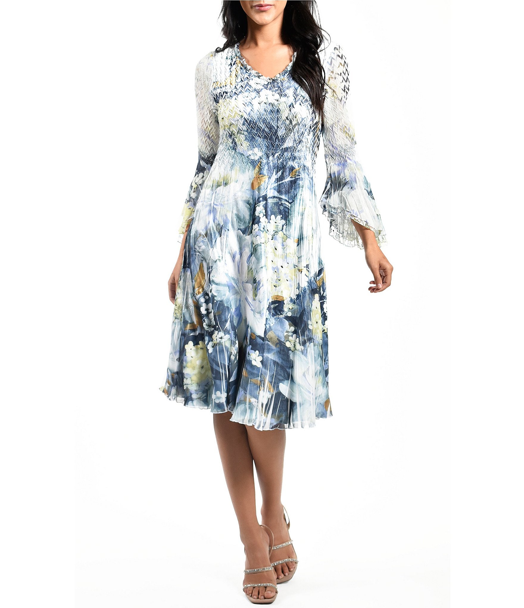 Komarov Bell Sleeve V-Neck Floral Print Dress | Dillard's
