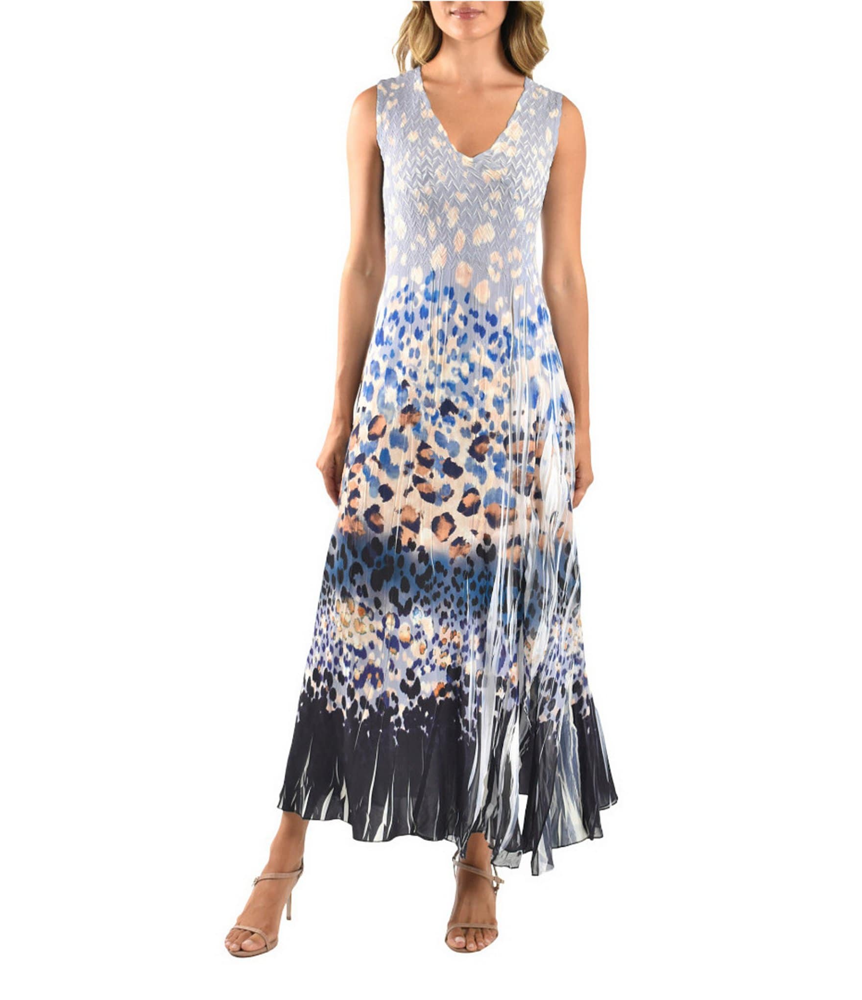 Komarov Charmeuse Chiffon Animal Print V-Neck Sleeveless Sheath Maxi Dress