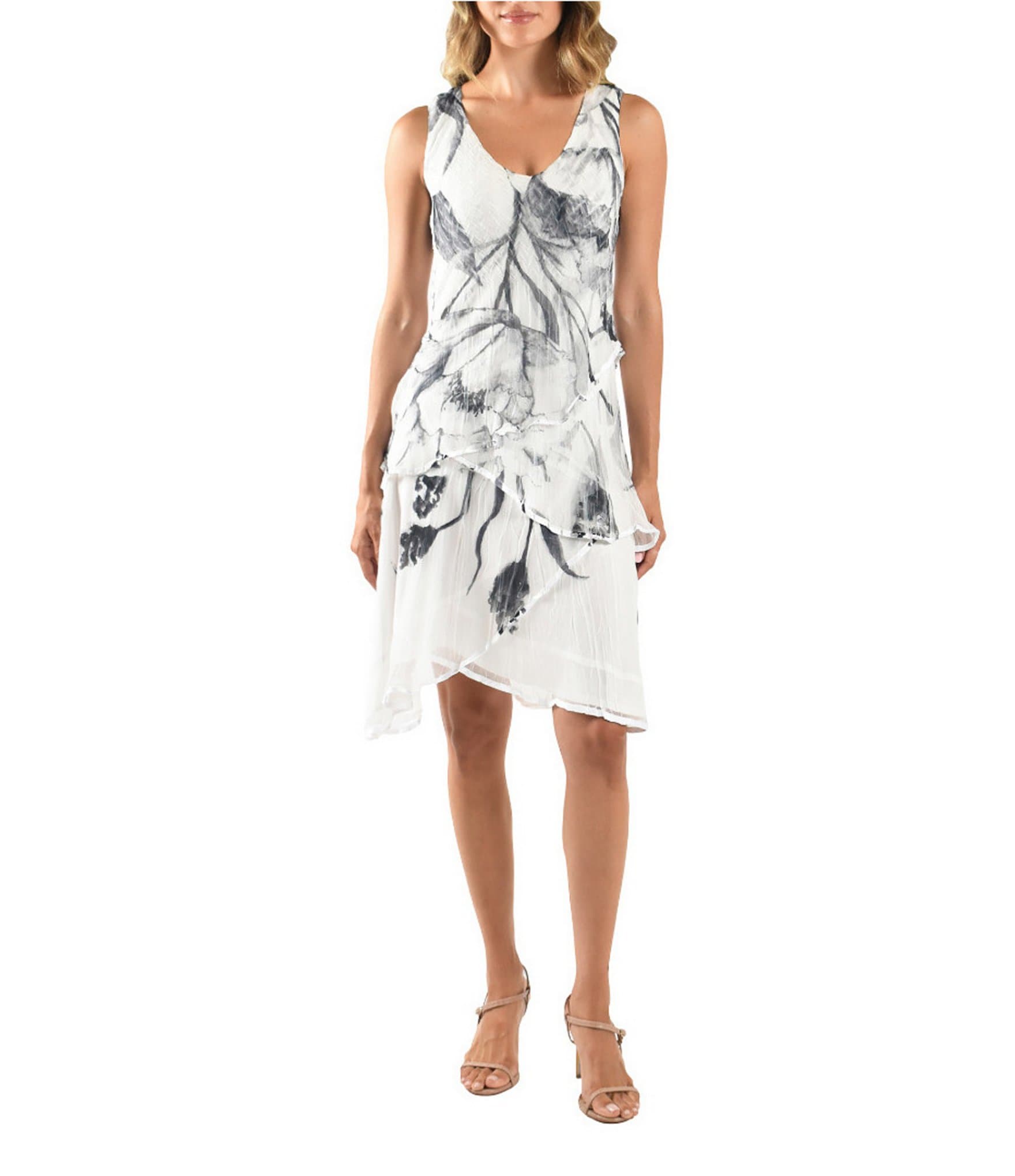 Komarov Charmeuse Chiffon Floral Print V-Neck Sleeveless Ruffle Sheath Mini Dress