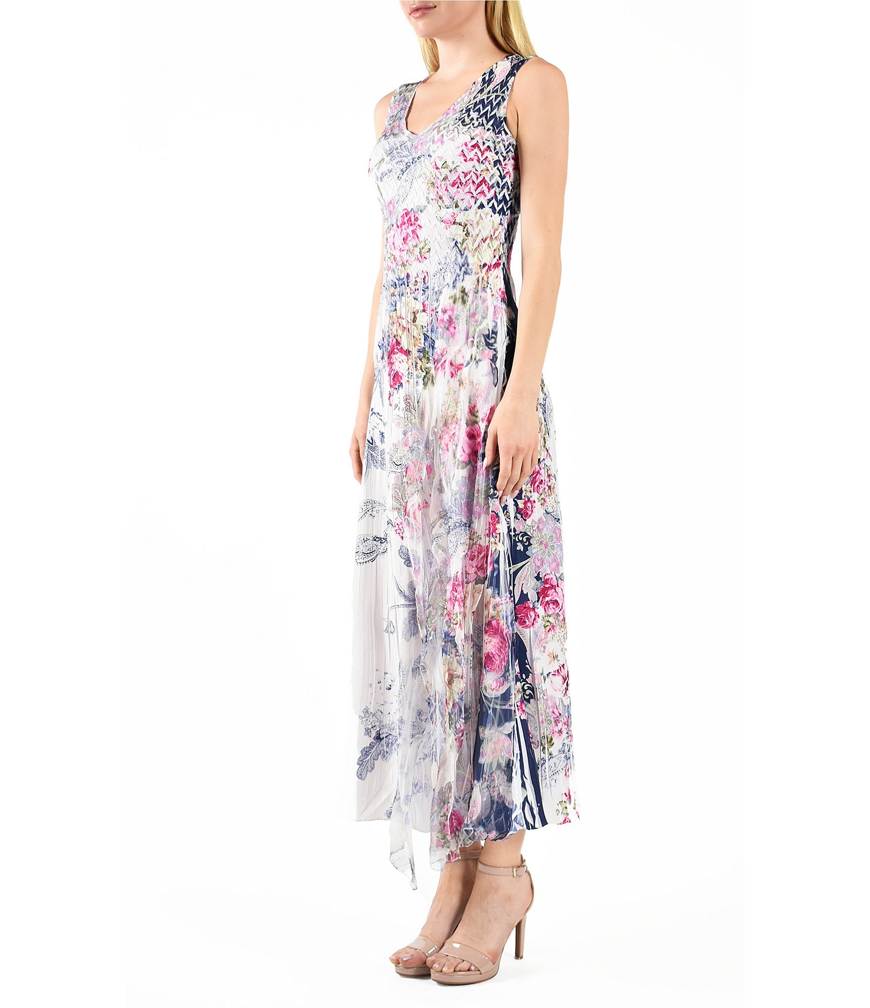 Komarov Charmeuse Chiffon Floral Print V-Neckline Sleeveless Midi Dress