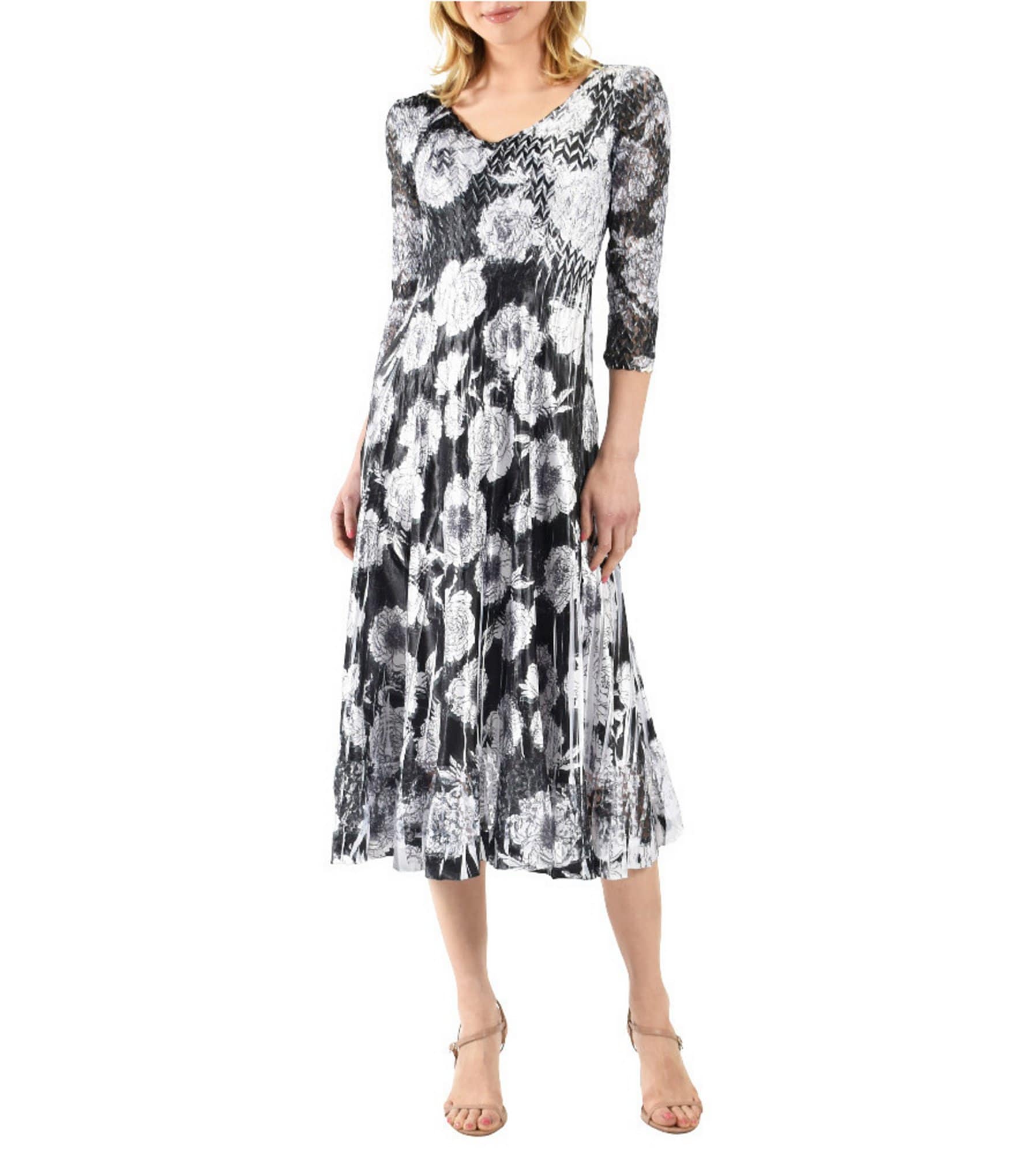 Komarov Charmeuse Floral Lace V-Neck 3/4 Sleeve Pleated Dress