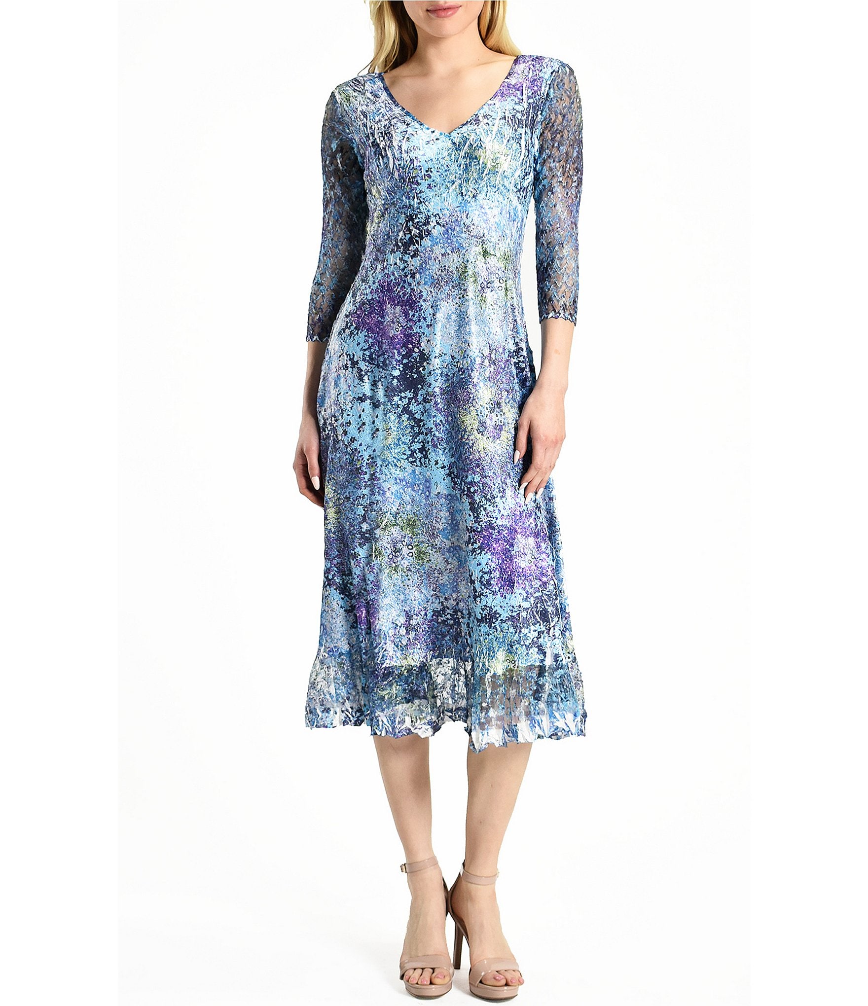 Komarov Charmeuse Pleated V-Neck 3/4 Sleeve Lace Dress | Dillard's