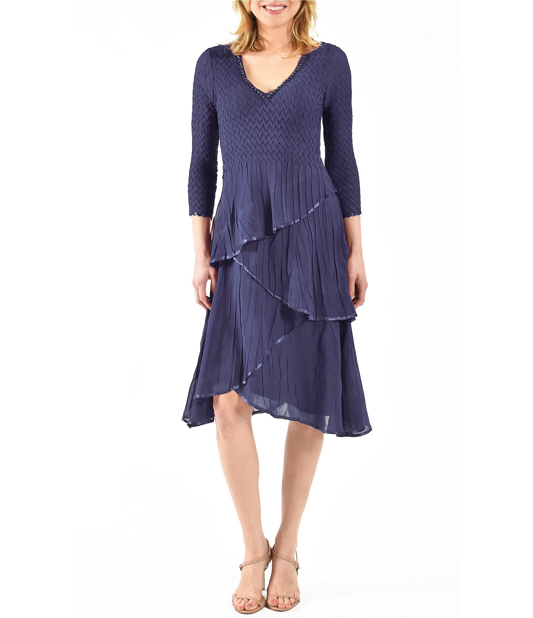 Komarov Chiffon Charmeuse Pyramid Pleated V-Neck 3/4 Sleeve Asymmetrical Tiered Dress