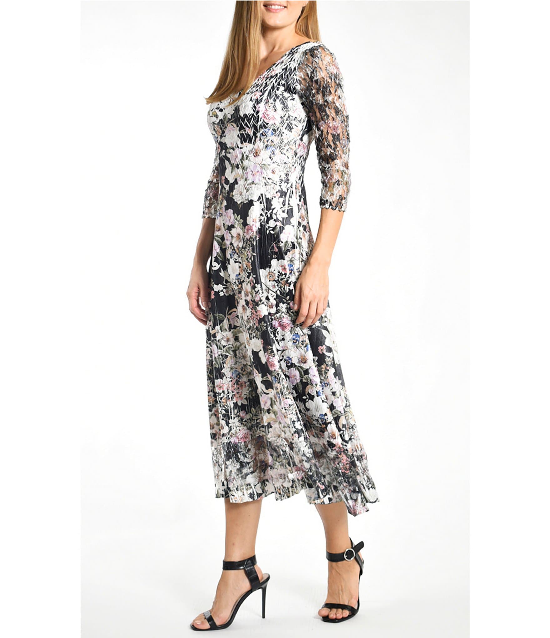 Komarov Floral Charmeuse V-Neckline Lace 3/4 Sleeve Midi Dress