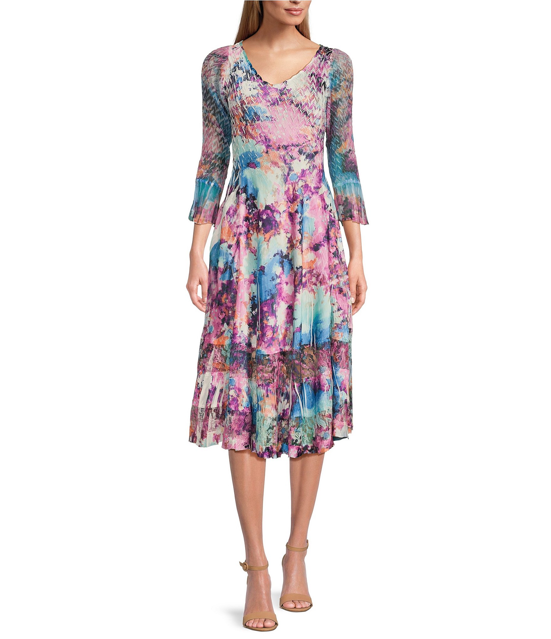 Komarov Floral Print V-Neck 3/4 Bell Sleeve A-Line Midi Dress | Dillard's