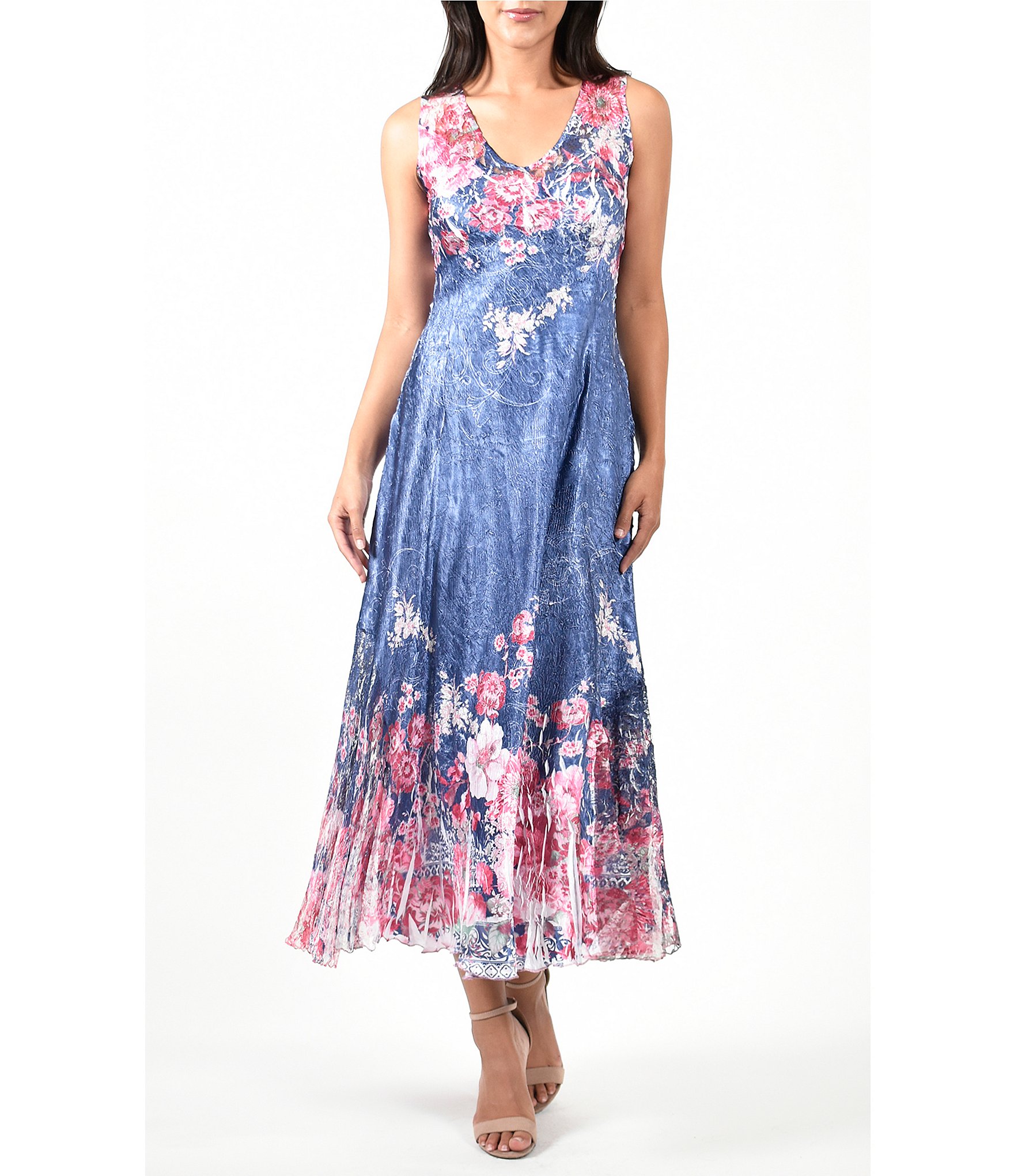 Komarov Floral Print V-Neck Sleeveless Pleated Midi Dress | Dillard's