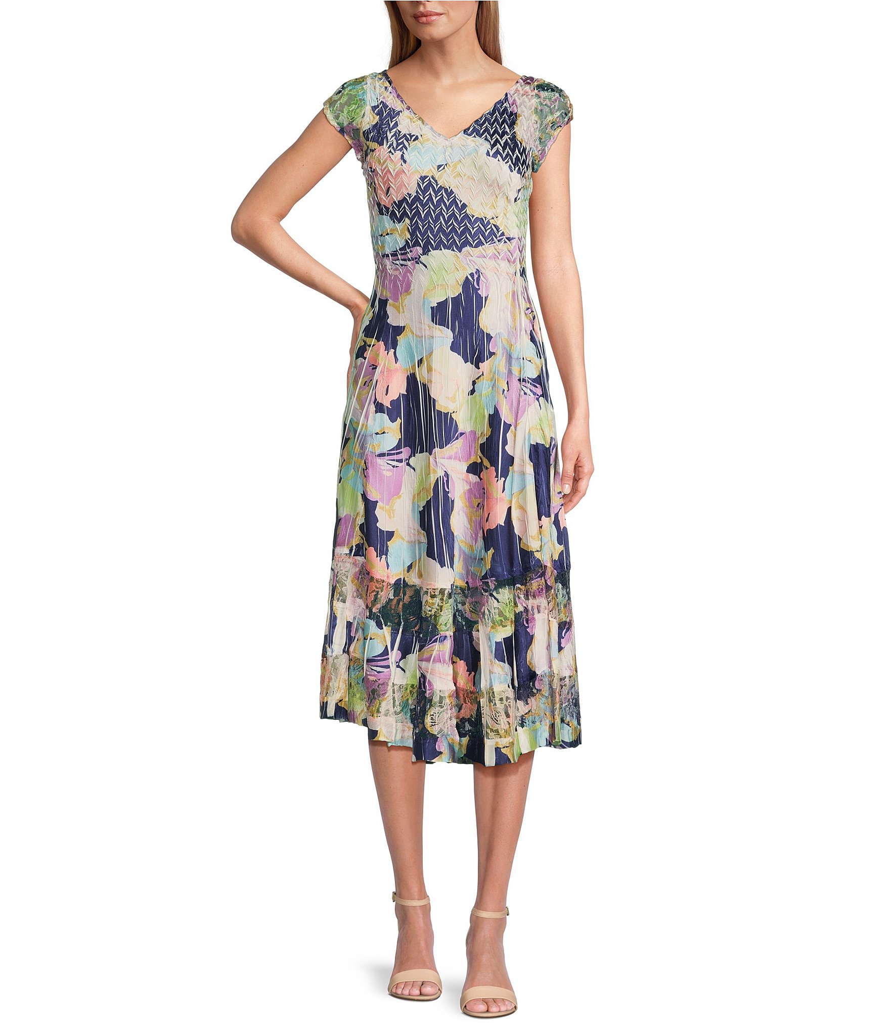 Komarov Floral V-Neckline Cap Sleeve Pleated A-Line Dress | Dillard's