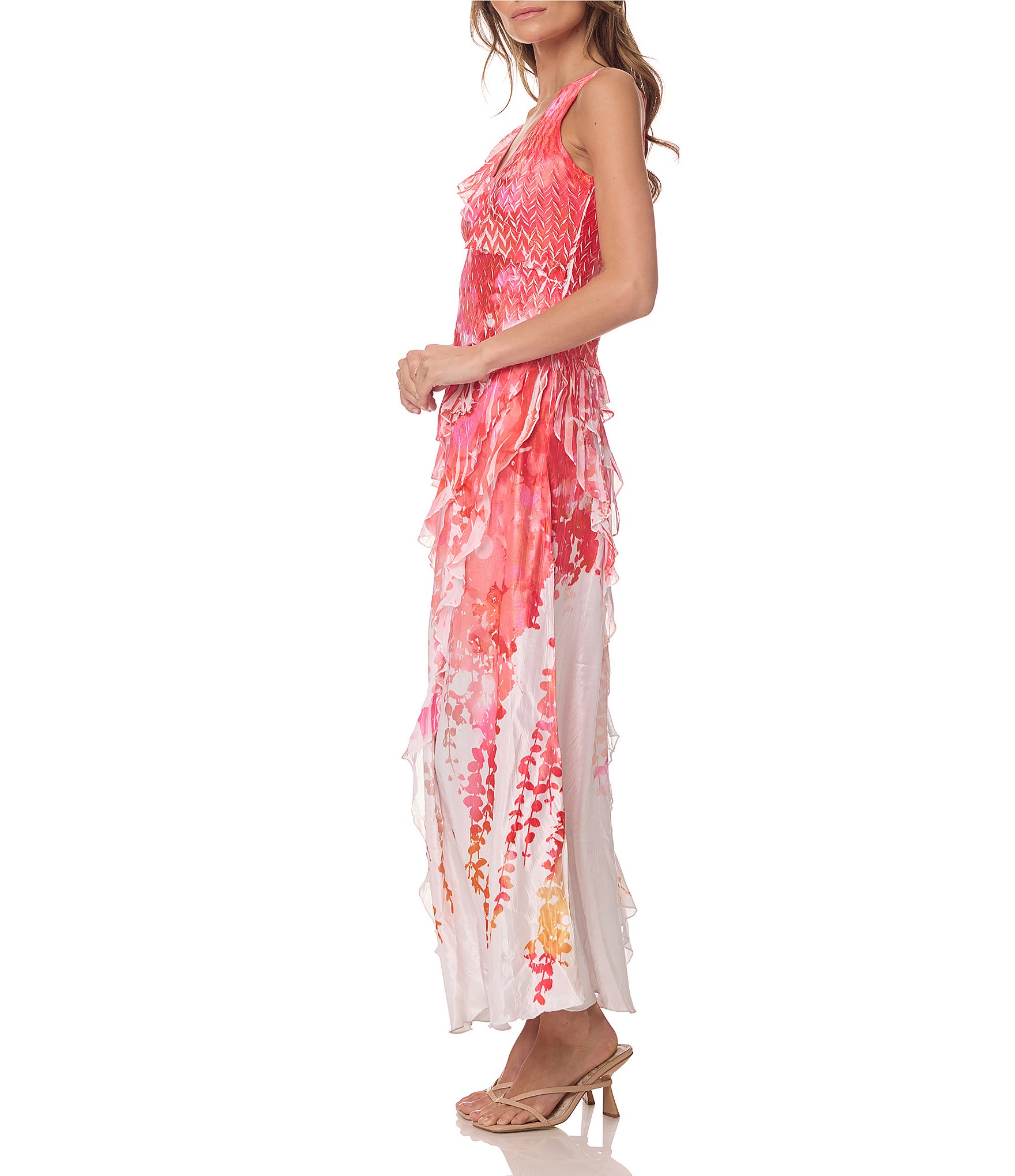 Komarov Long Printed Dress With Cascading Ruffle