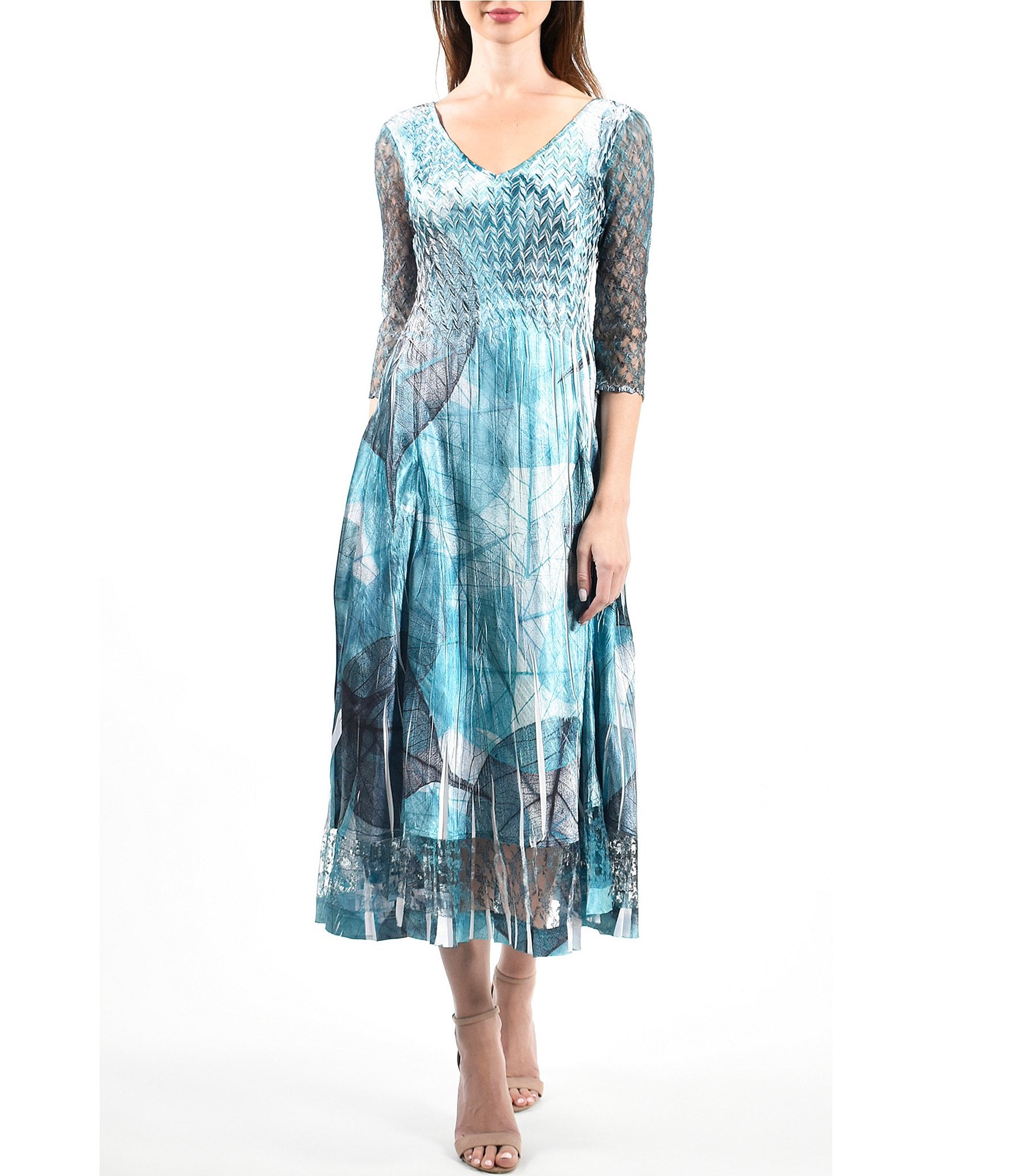 Komarov Pleated Charmeuse V neckline Lace 3/4 Sleeve Dress | Dillard's