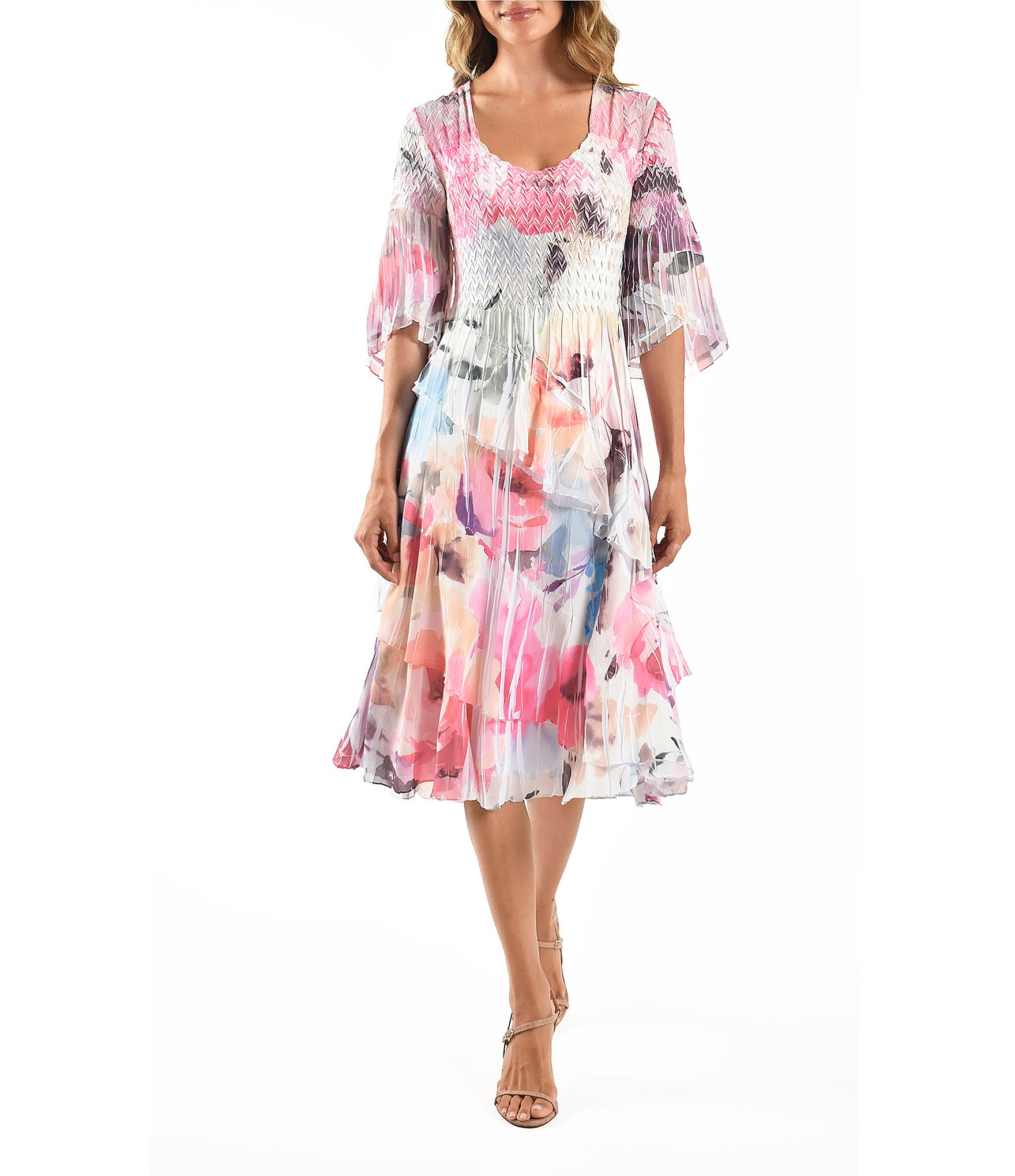 Komarov Scoop Neck Tulip Sleeve Watercolor Rose Mixed Media A-line Midi Dress