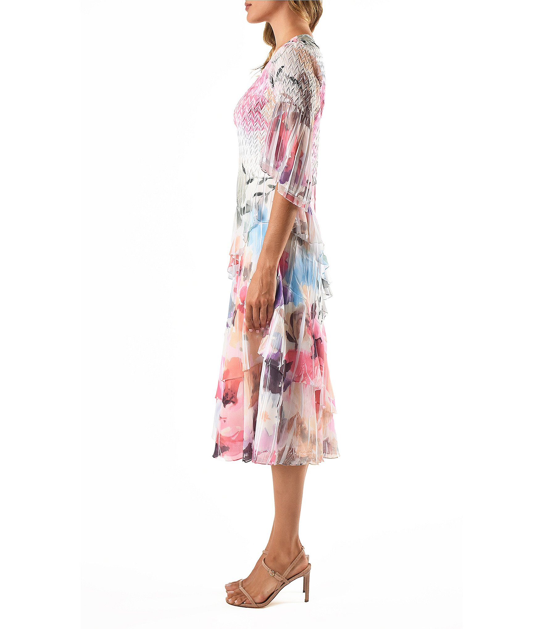 Komarov Scoop Neck Tulip Sleeve Watercolor Rose Mixed Media A-line Midi Dress