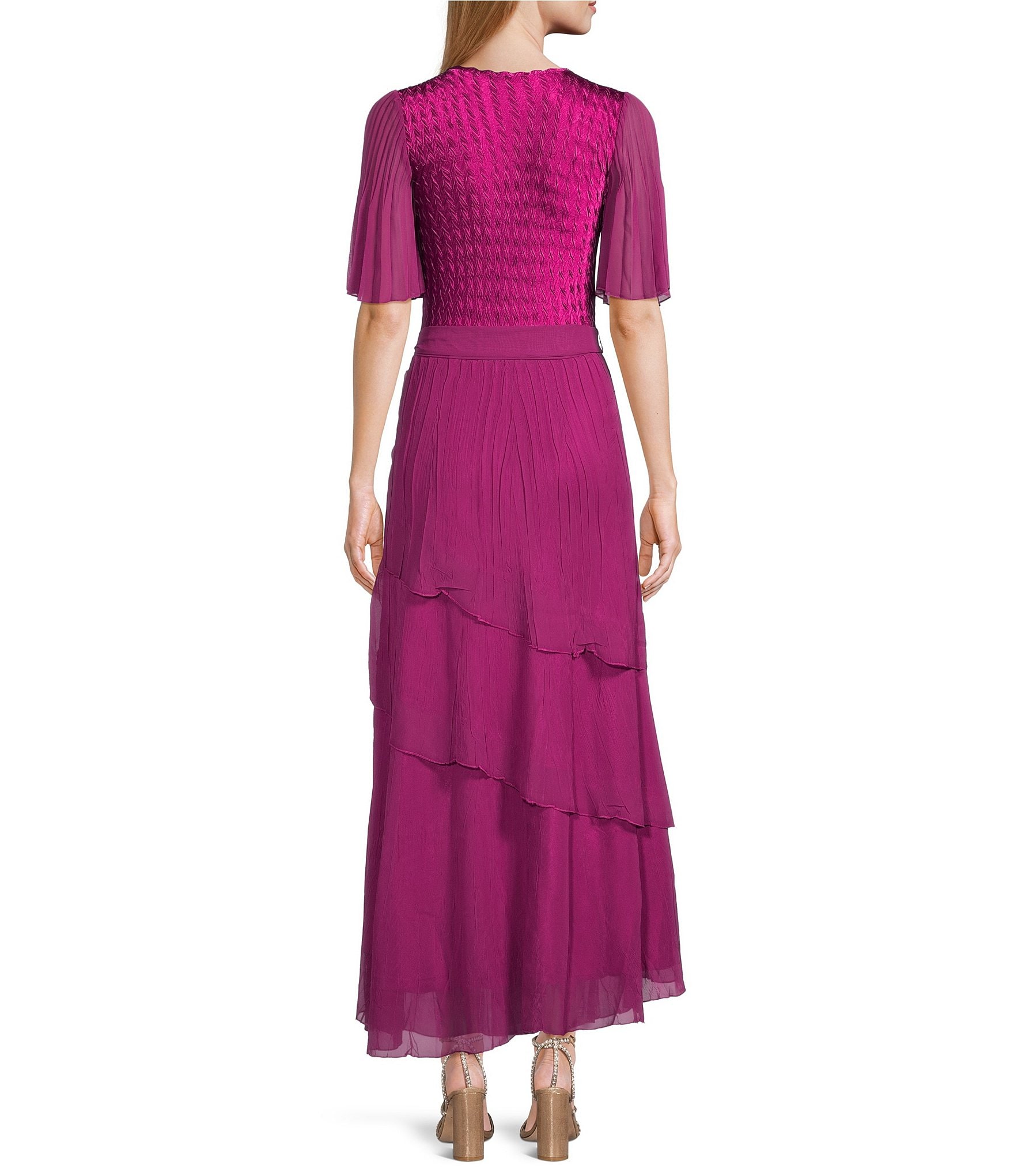 Komarov Square Neck Tiered Bottom Chiffon Sleeve Gown