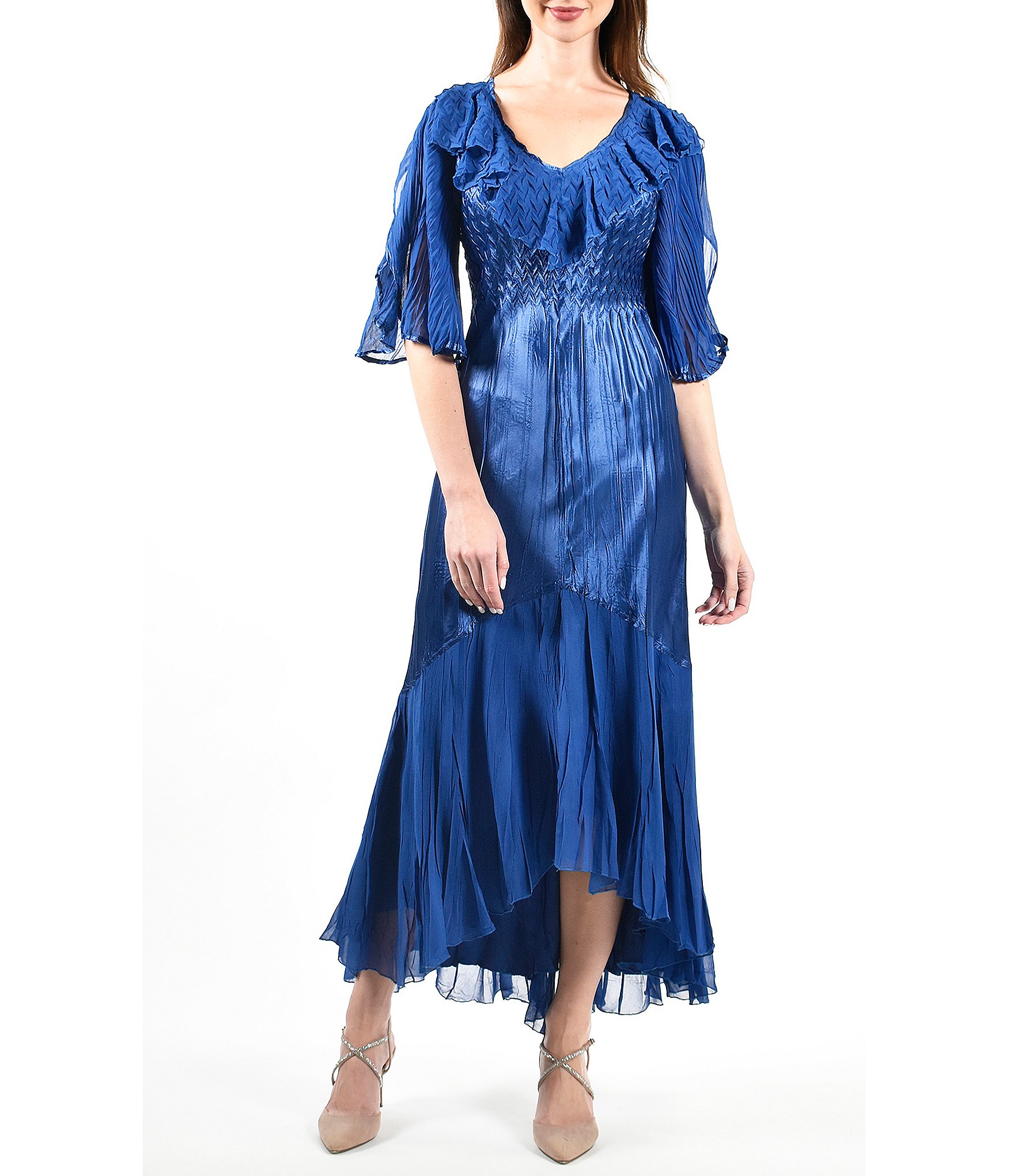 Komarov Ruffle V-Neck 3/4 Flutter Sleeve High-Low Hem Charmeuse