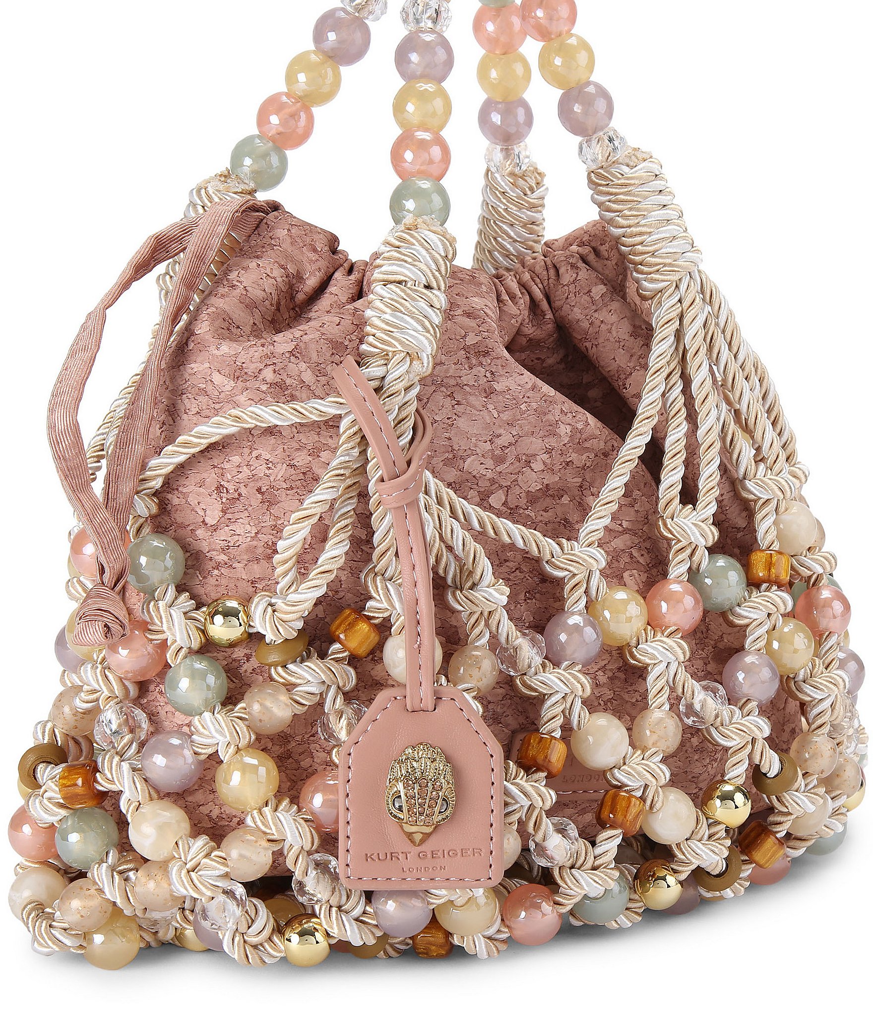 Kurt Geiger London Beaded Woven Macrame Rope Drawstring Bucket Bag