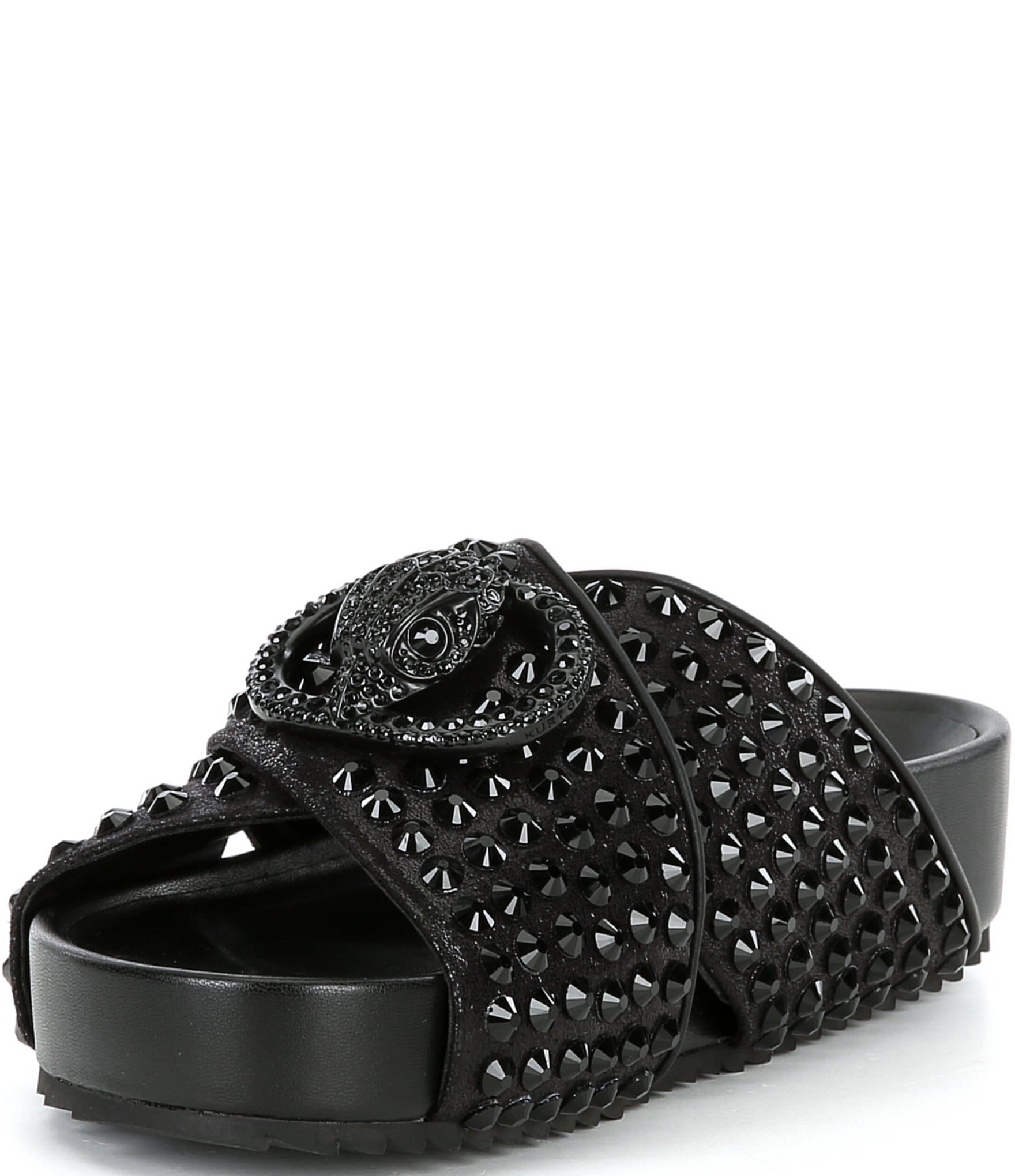 Kurt Geiger London Chelsea Stud Embellished Microsuede Logo Ornament Cross Strap Slide Sandals