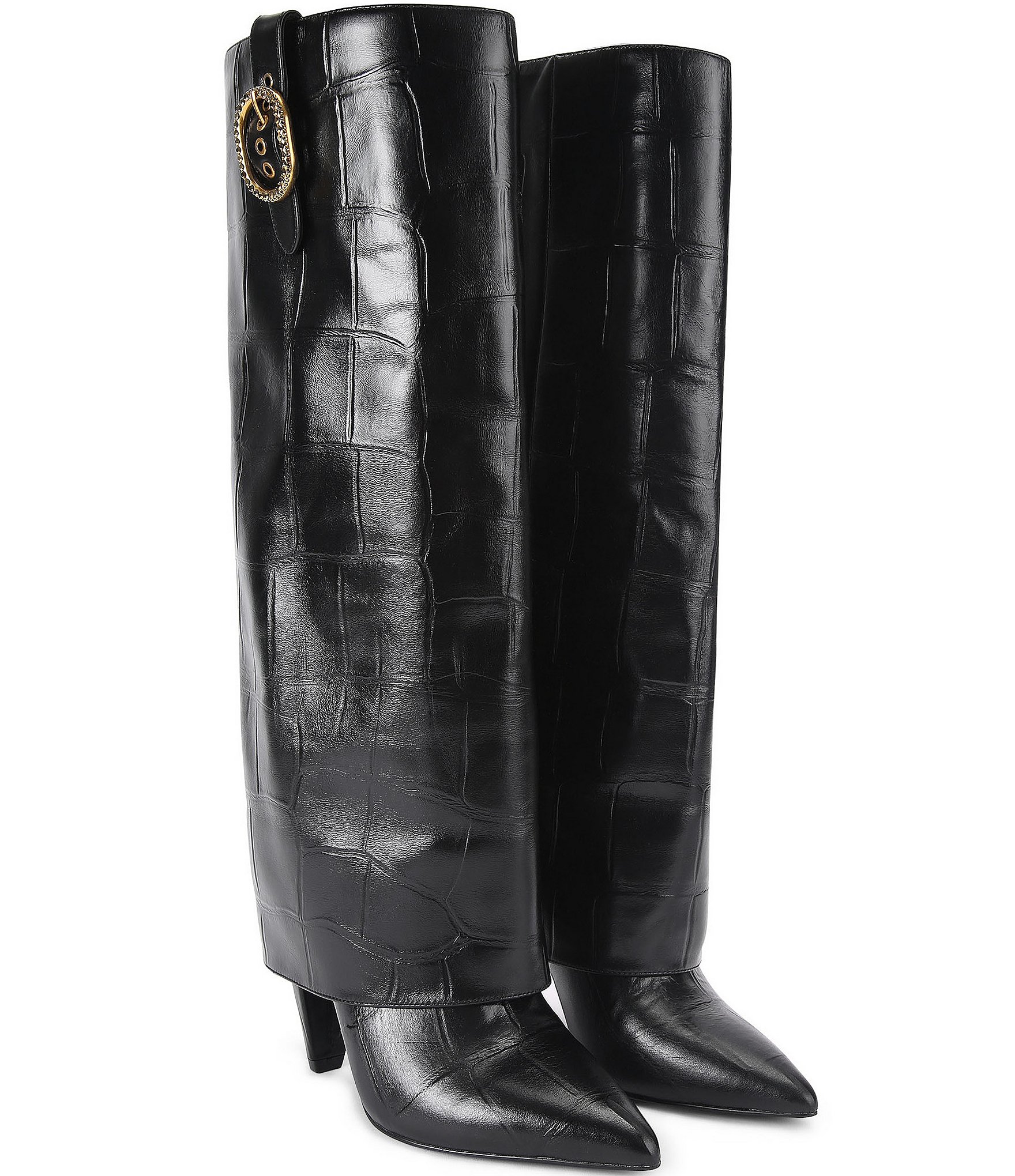 Kurt Geiger London Fold Over Croco Print Leather Buckle Hardware Tall Boots