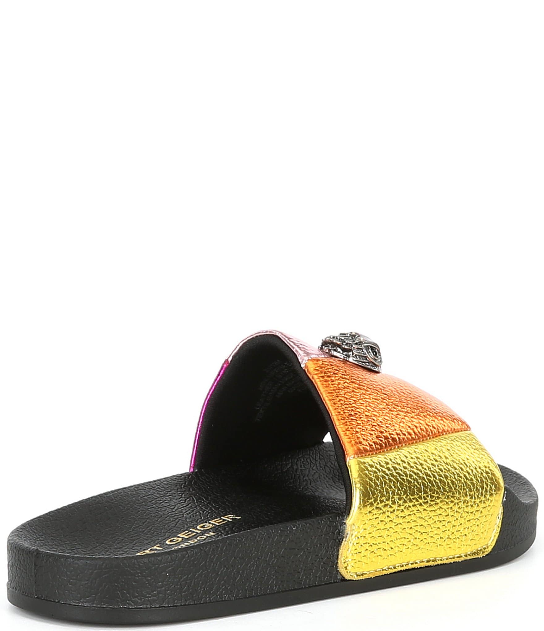 Kurt Geiger London Girls' Meena Metallic Leather Rainbow Striped Logo Ornament Pool Slide Sandals (Toddler)