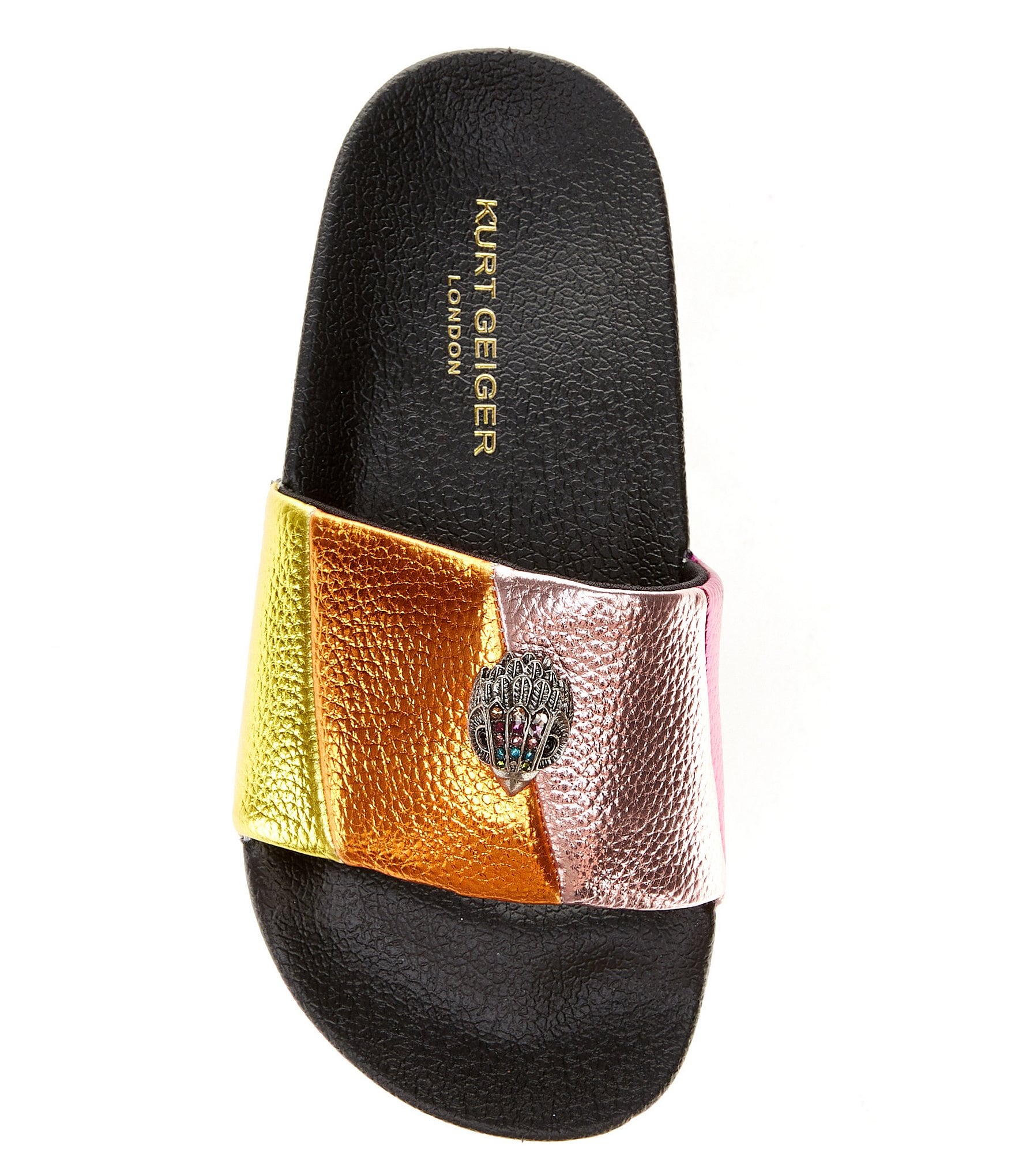 Kurt Geiger London Girls' Meena Metallic Leather Rainbow Striped Logo Ornament Pool Slide Sandals (Toddler)