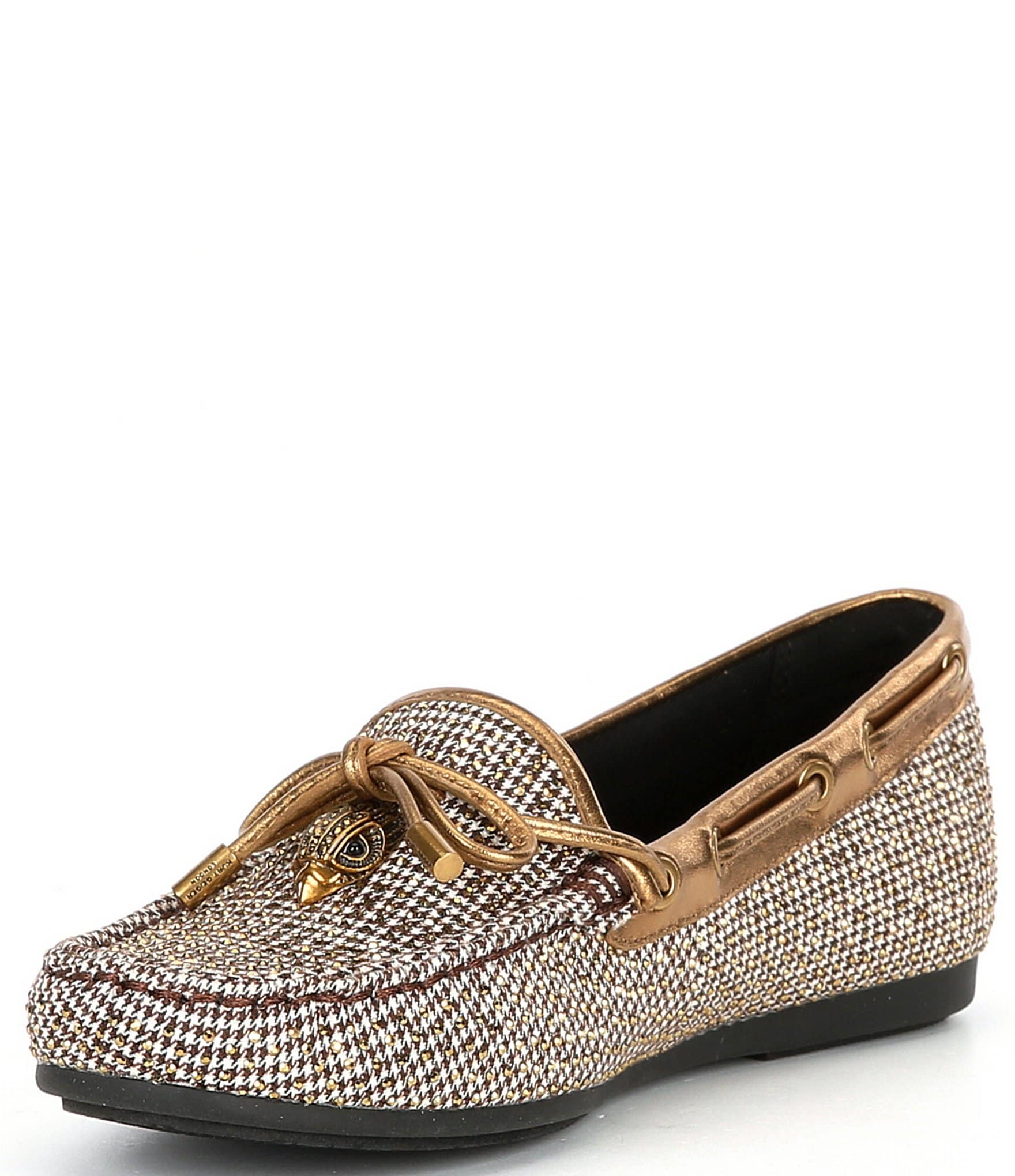 Kurt Geiger London Houndstooth Rhinestone Studded Eagle Bow Detail Moccasins