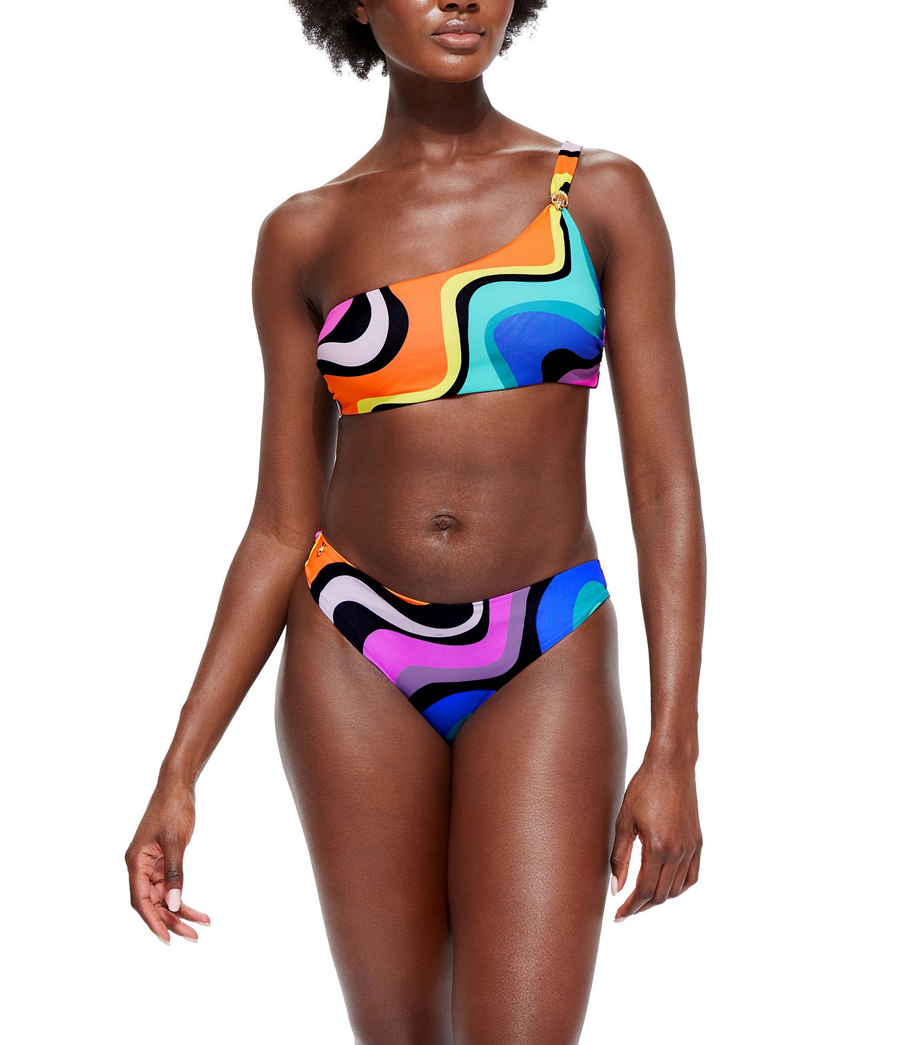Jessica Simpson Carnival In Rio Placement Print Sweetheart Neck Handkerchief  Bandeau Swim Top & Reversible Cheeky Swim Bottom