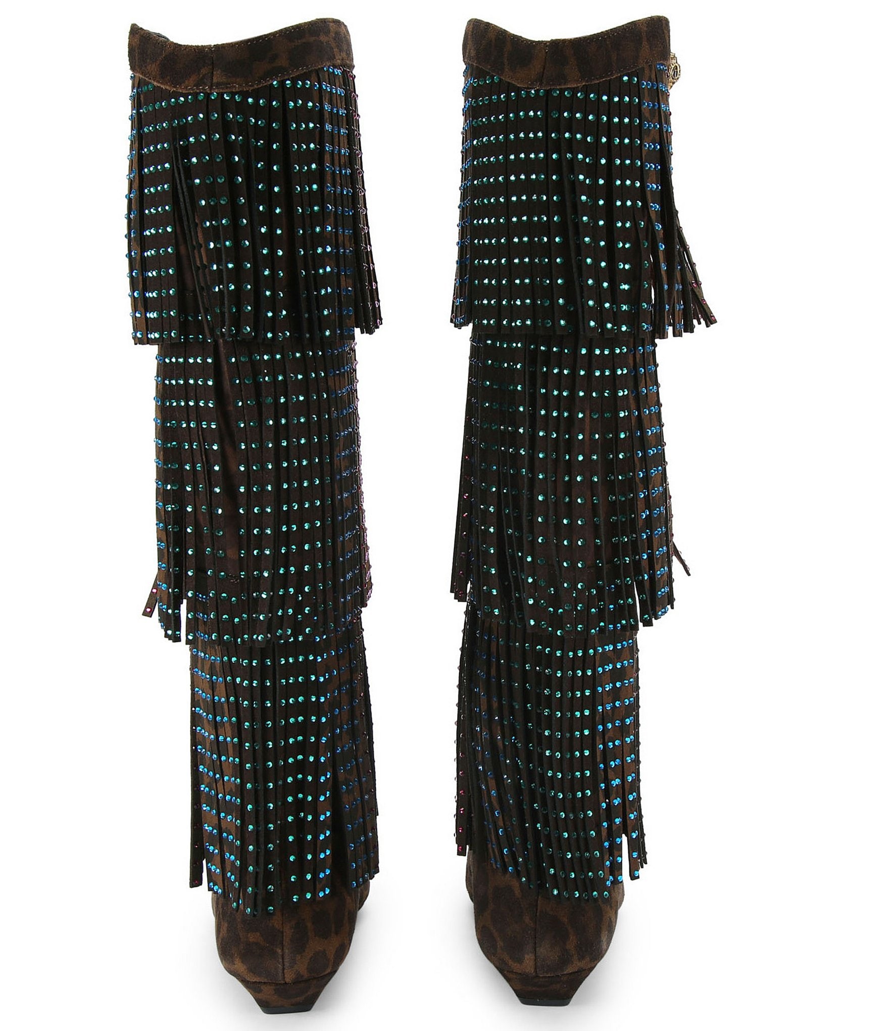 Kurt Geiger London Leopard Suede Crystal Embellished Fringe Western Tall Boots