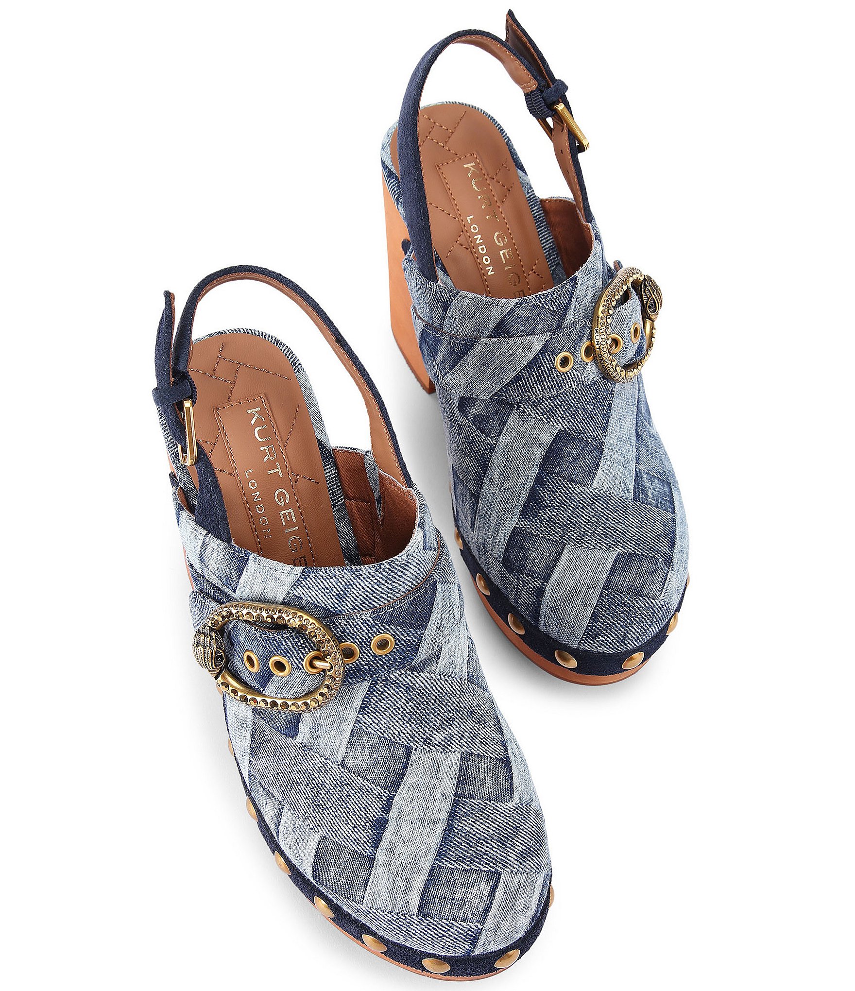 Kurt Geiger London Mayfair Studded Denim Patchwork Big Buckle Hardware Slingback Clogs